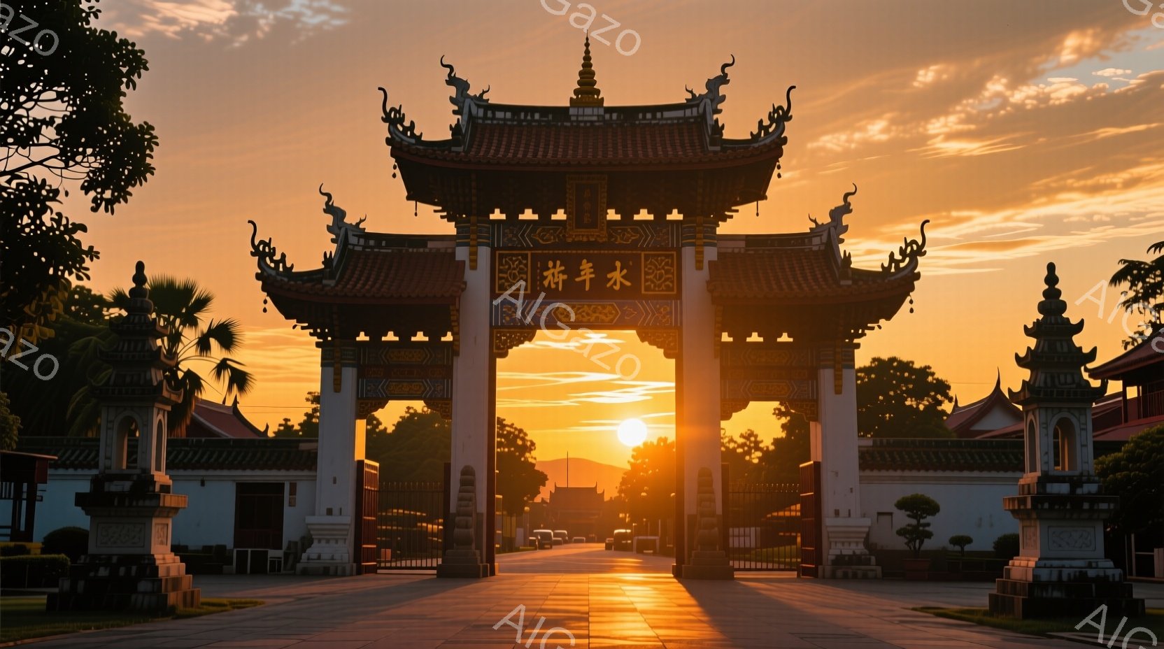夕焼けを背景に、壮大な門が黄金色に輝いている。門は複雑な装飾が施され、タイ様式の屋根が印象的だ。門の向こうには、夕日に照らされた道路と遠くの建物が見え、神聖で荘厳な雰囲気を醸し出している。