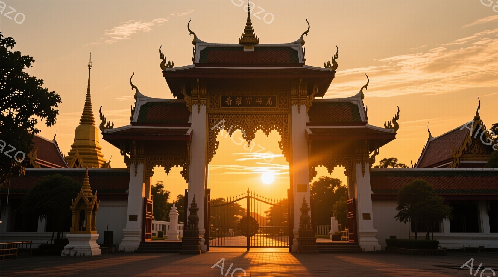 荘厳なタイ様式の門が、夕焼けに照らされて黄金色に輝いている。門の装飾は非常に細かく、複雑な彫刻が施されている。背景には、寺院の建物や緑豊かな木々が見え、穏やかで神聖な雰囲気を醸し出している。