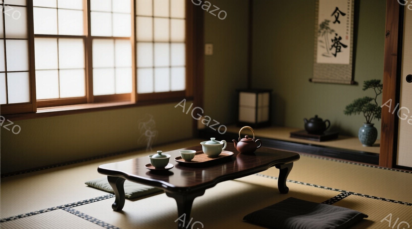 畳敷きの部屋には、低い木製の卓子が置かれ、その上には湯呑みと茶壺が並んでいる。障子から柔らかい光が差し込み、落ち着いた和の空間を演出している。背景には掛け軸と盆栽があり、静寂で穏やかな雰囲気が漂っている。