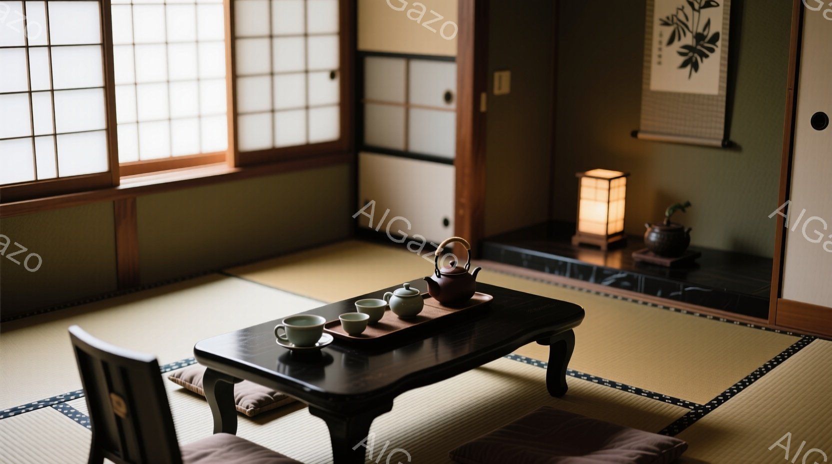 畳敷きの和室には、黒い座卓が置かれ、その上には茶器一式が整えられています。障子から柔らかな光が差し込み、部屋全体が穏やかな雰囲気に包まれており、座卓の周りには座布団が置かれています。壁には掛け軸が飾ら - AI生成フリー素材