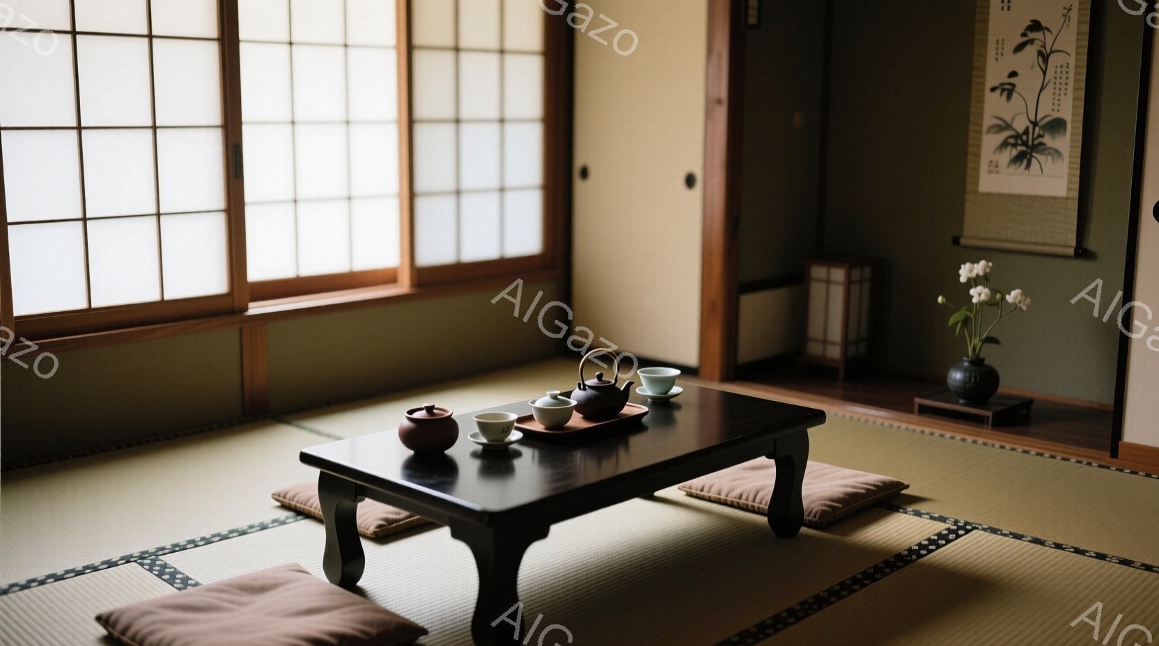 畳敷きの部屋には、黒い座卓が置かれ、その上には茶器と湯呑みが整然と並べられています。奥には掛け軸が飾られ、控えめな光が障子を通して差し込み、静かで落ち着いた雰囲気を醸し出しています。シンプルな茶の湯の - AI生成フリー素材