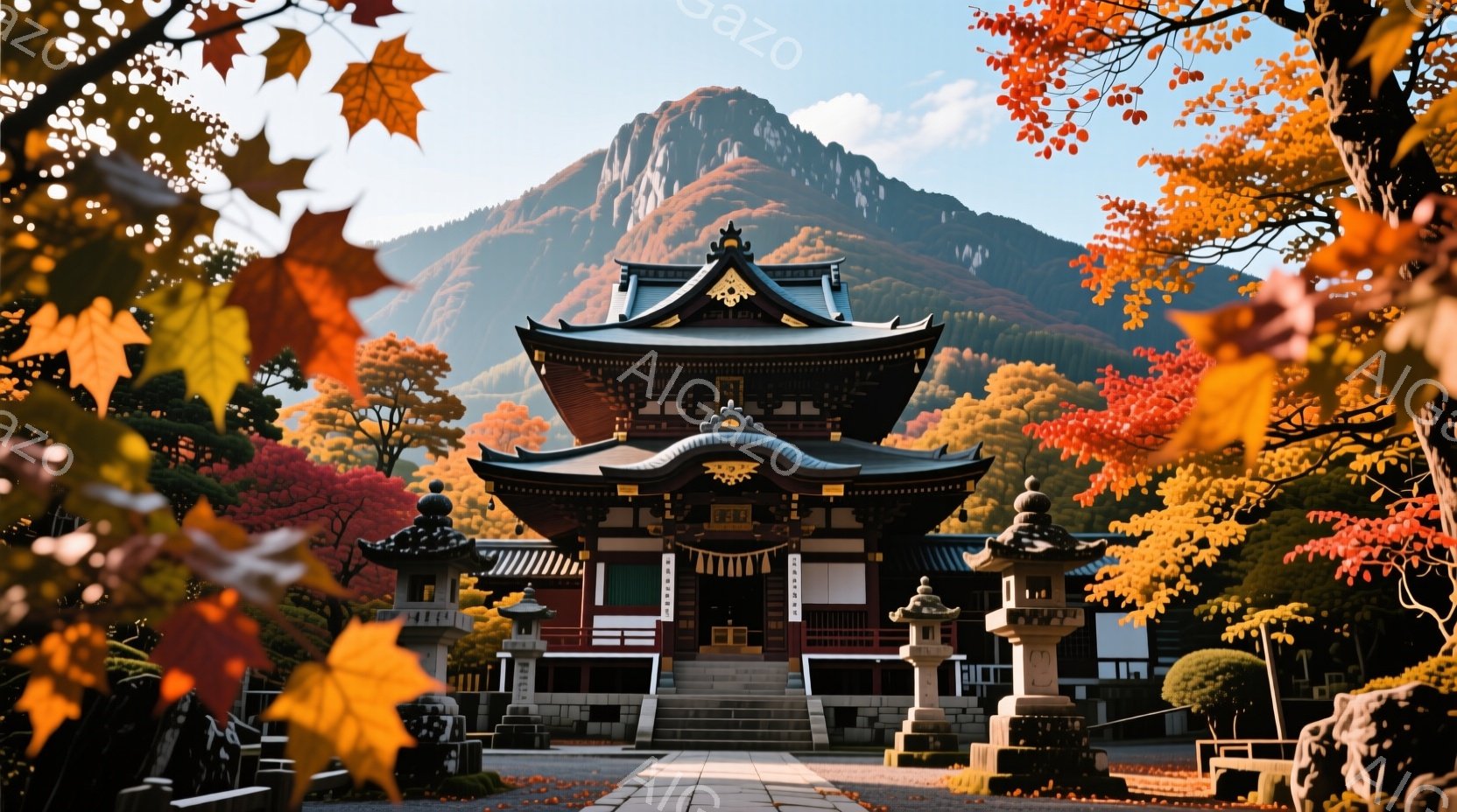 鮮やかな紅葉に囲まれた寺院が中央に位置し、荘厳な雰囲気を醸し出している。寺院は赤と黒を基調とした重厚な造りで、屋根の曲線美が印象的だ。背景には緑豊かな山々がそびえ立ち、秋晴れの空が広がり、静寂で穏やか - AI生成フリー素材