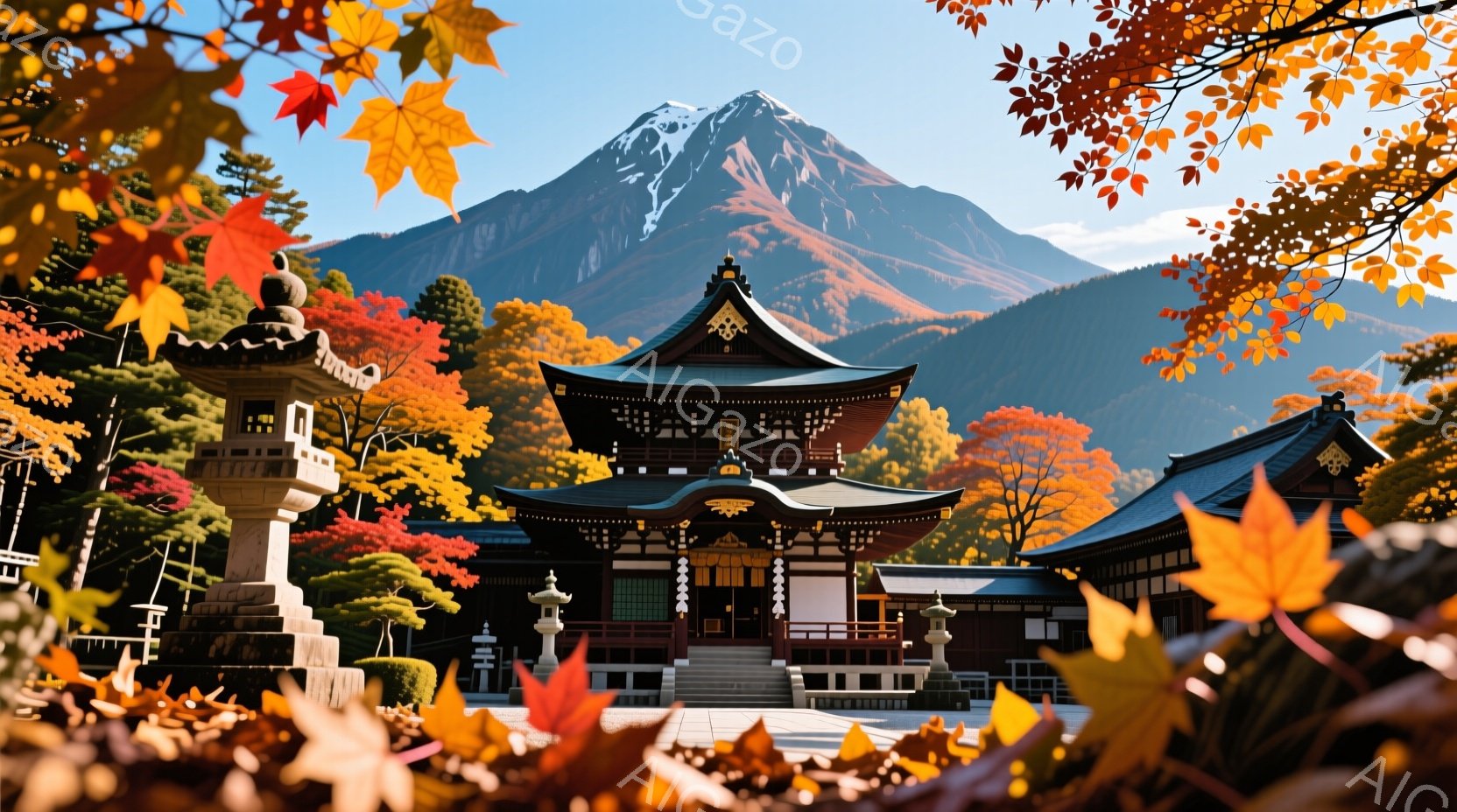 鮮やかな紅葉に囲まれた寺院が、荘厳な雰囲気で佇んでいます。背景には雪を抱いた富士山がそびえ立ち、自然の美しさと寺院の静寂が調和しています。寺院の建物は赤と黒を基調とした伝統的な様式で、秋の風景と一体と - AI生成フリー素材