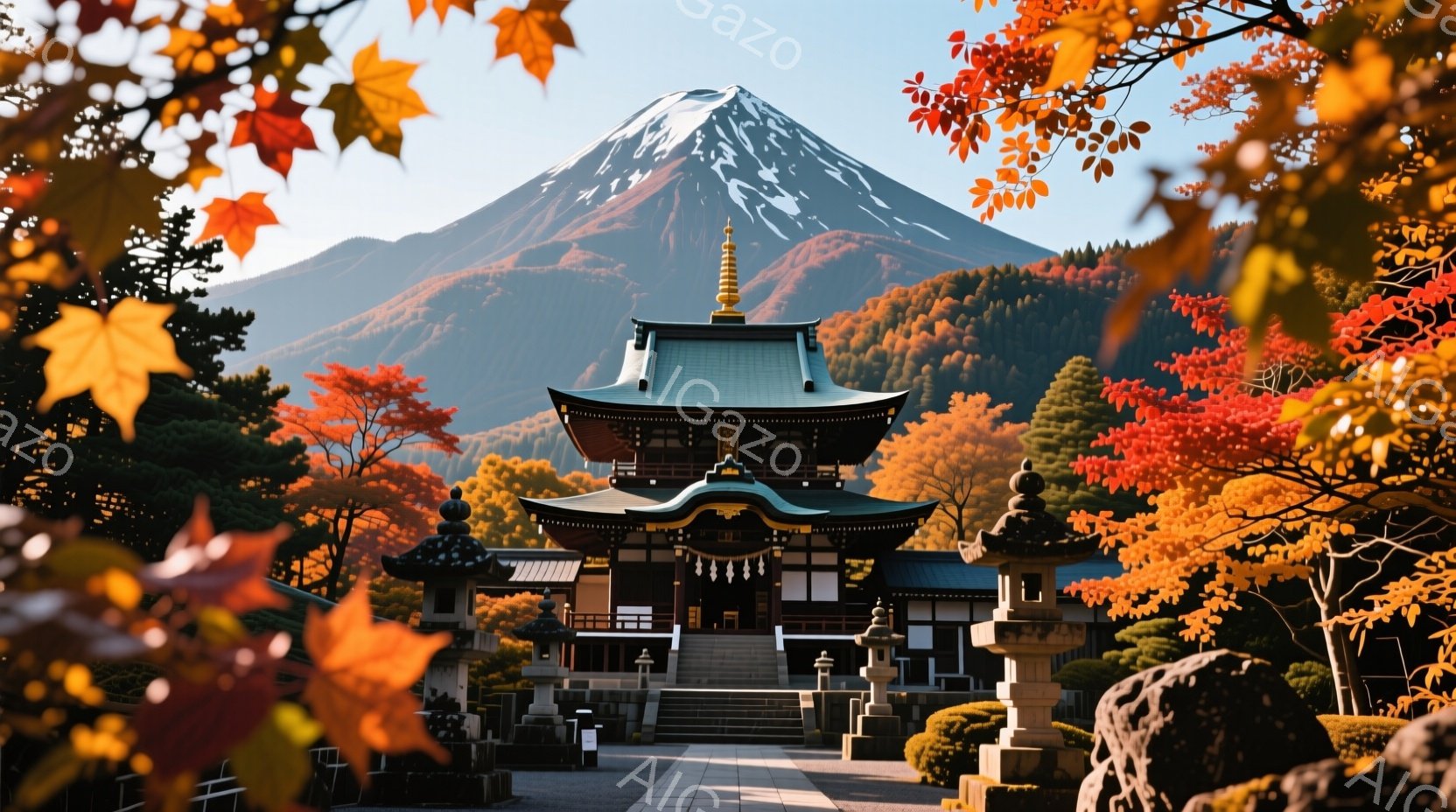 鮮やかな紅葉に囲まれた寺院が中央に位置し、背景には雪を頂いた富士山がそびえ立っています。寺院は伝統的な日本の建築様式で、緑色の屋根と精巧な装飾が施されており、厳かな雰囲気を醸し出しています。秋の澄んだ - AI生成フリー素材
