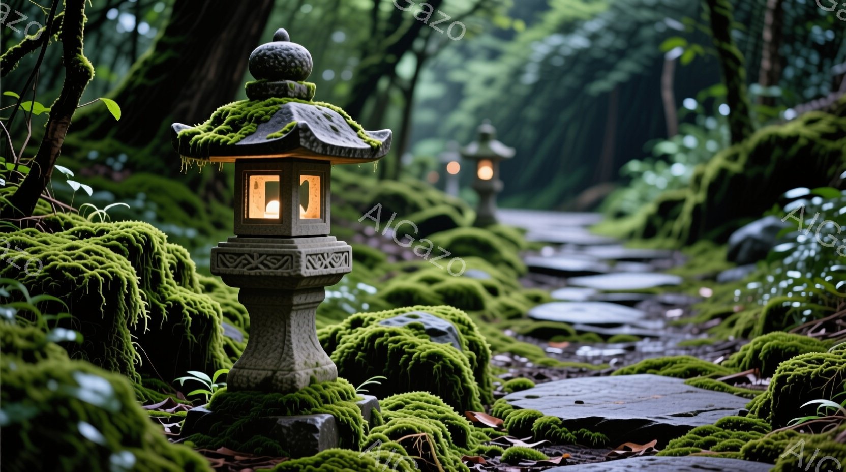 石畳の小道脇に、苔むした石灯籠が佇んでいます。周囲の石や地面も緑色の苔で覆われ、湿った空気と薄暗い光が幻想的な雰囲気を醸し出しています。背景には木々が生い茂り、静寂と神秘的な自然の美しさを感じさせます。