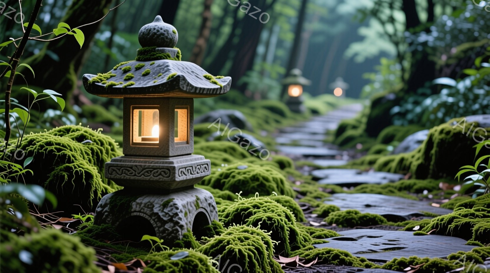 石灯籠が緑豊かな苔の上に置かれており、静かで穏やかな雰囲気を醸し出している。石畳の道が奥へと続き、ぼんやりとした光が灯籠から漏れ出し、神秘的な光景を作り出している。背景には木々が生い茂り、湿った空気と緑色のコントラストが、古くて神聖な空間を思わせる。
