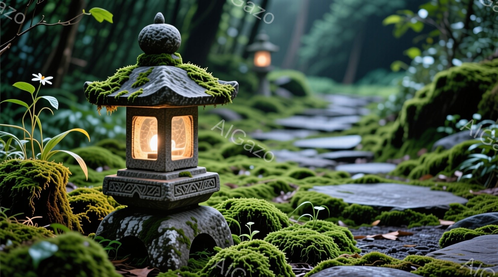 石畳の小道に苔むした石灯籠が佇んでいます。灯籠は古色を帯び、緑色の苔が全体を覆い、長い年月を感じさせます。背景には木々が生い茂り、しっとりとした雨上がりのような静謐な雰囲気が漂っています。