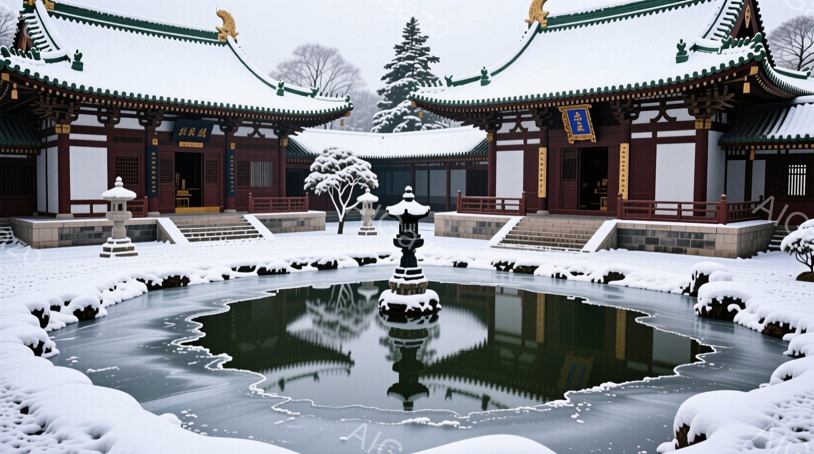 凍てつく冬の庭園には、雪に覆われた建物と池が広がっています。池の水面には建物や灯籠が映り込み、静寂な冬の風景を作り出しています。雪景色は白銀の世界で、まるで時間が止まったかのような穏やかな雰囲気を醸し出しています。