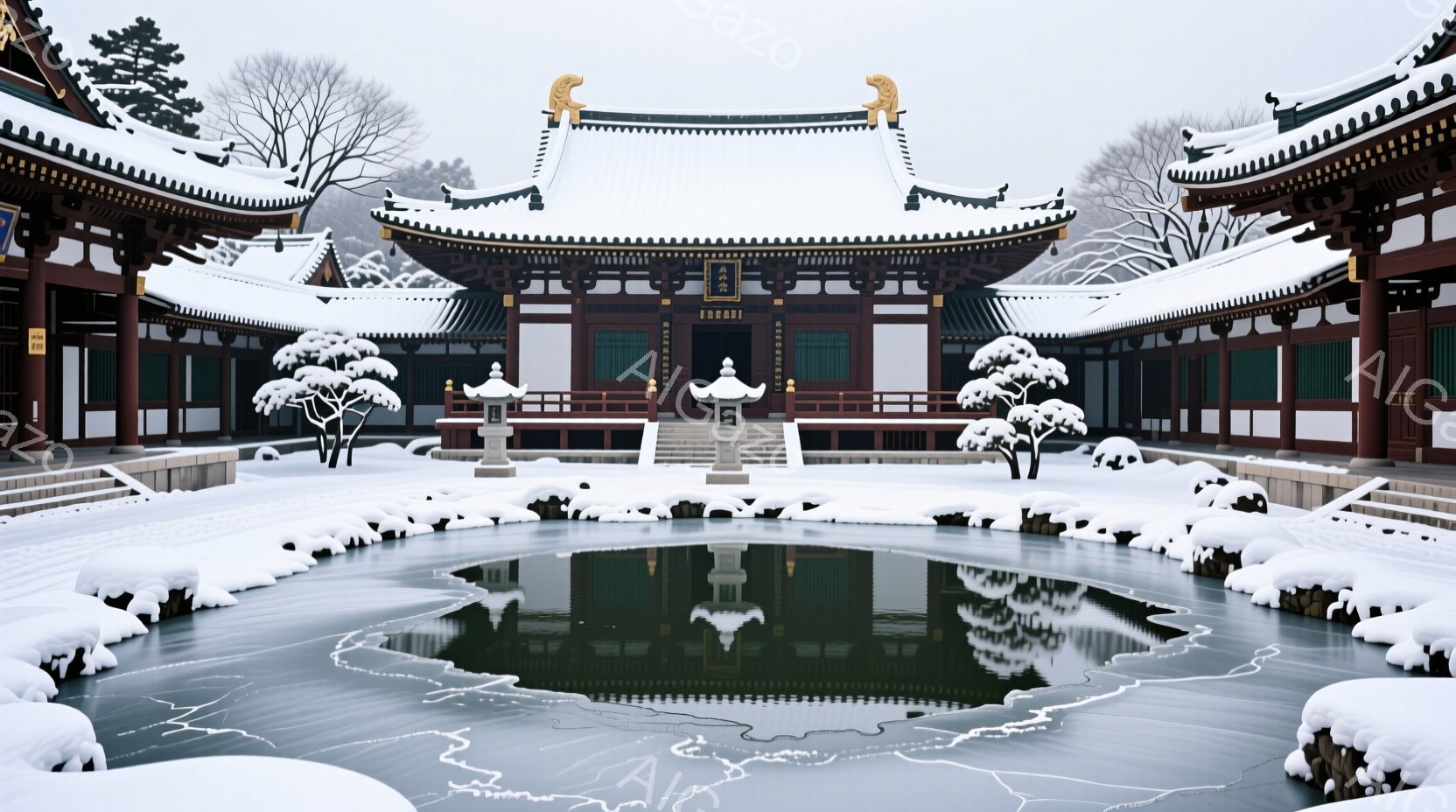 雪に覆われた韓国の伝統的な建物が池の周りに配置され、静寂な冬の風景を描いている。建物は鮮やかな緑色と茶色のコントラストが美しく、雪の重みで屋根がたわんでいる様子が臨場感を与えている。凍った池は建物の美しい反射を捉え、全体的に静謐で幻想的な雰囲気を醸し出している。