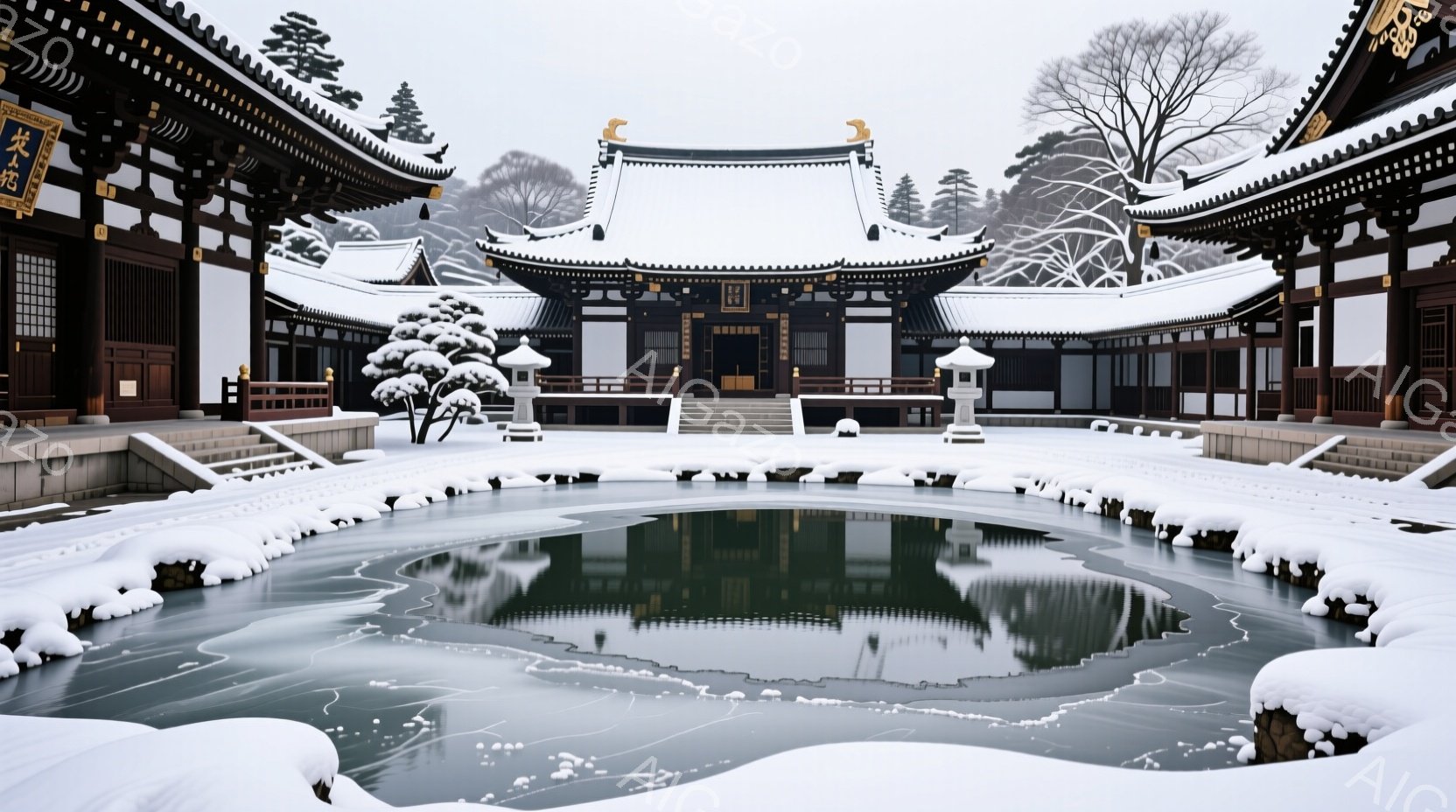 雪が降り積もった庭園には、伝統的な様式の建物が建ち並び、その中央には凍りついた池が広がっています。池の水面には建物や周囲の木々の緑が映り込み、静寂な冬の風景を作り出しています。全体的に、静かで穏やかな - AI生成フリー素材
