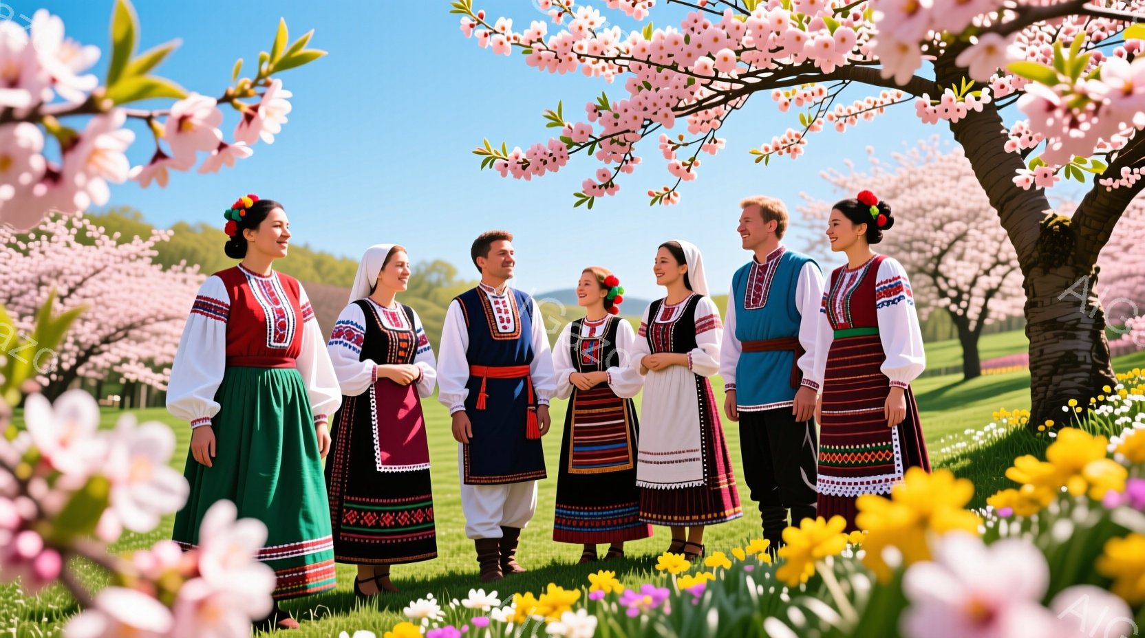 桜並木の中、伝統的な民族衣装を身につけた男女6人が整列している。女性は緑や青のスカートと白い刺繍の入ったブラウス、頭には花飾りをつけている。男性は、白い刺繍が施されたベストとズボンを着用し、皆穏やかな表情でカメラを見ているため、お祝いや行事の一場面のような雰囲気が漂っている。
