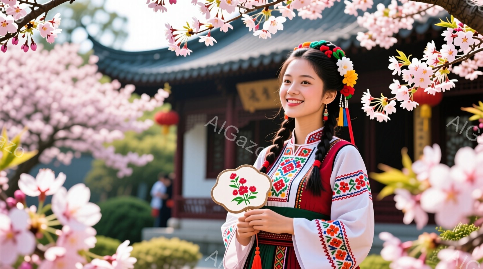 白い刺繍の入った赤いベストとスカートを着た若い女性が、桜の花びらが舞う庭に立っています。彼女は微笑み、片手に扇子を持ち、髪は三つ編みにされ、鮮やかな飾りで飾られています。背景には伝統的な中国建築と、満開の桜並木が見られ、春の暖かく穏やかな雰囲気を醸し出しています。