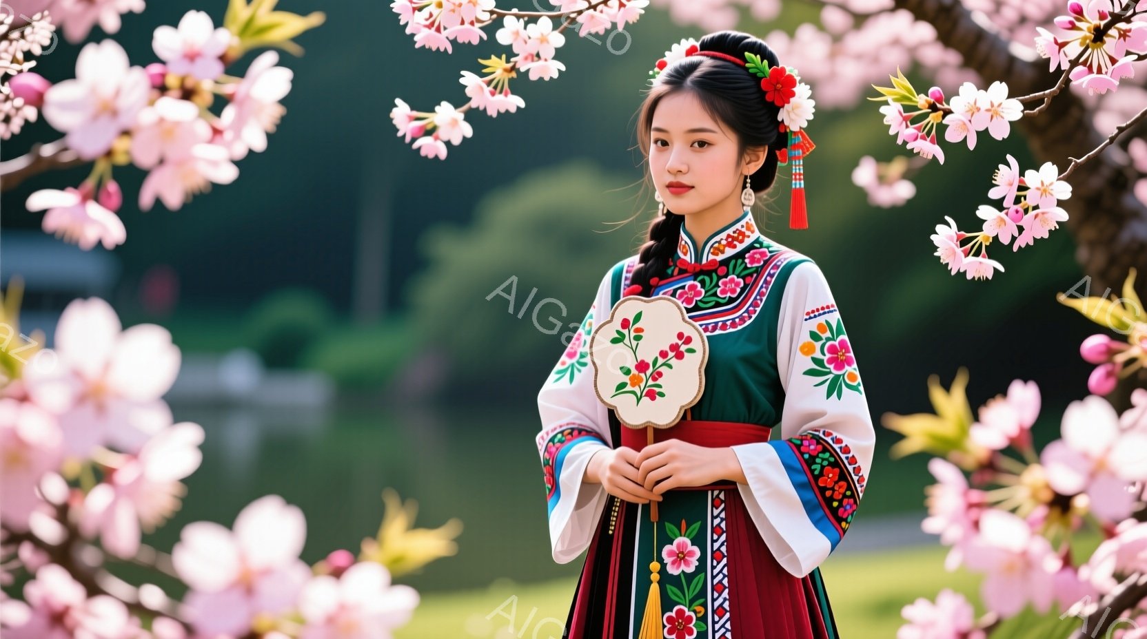 鮮やかなピンク色の桜の花に囲まれた女性が、伝統的な中国風の衣装を身につけて立っている。彼女は緑色の胴体と白い袖を持つ衣装を着ており、赤い帯が締まっている。髪は上手に編み込まれ、花飾りをつけており、穏やかで微笑ましい表情をしている。