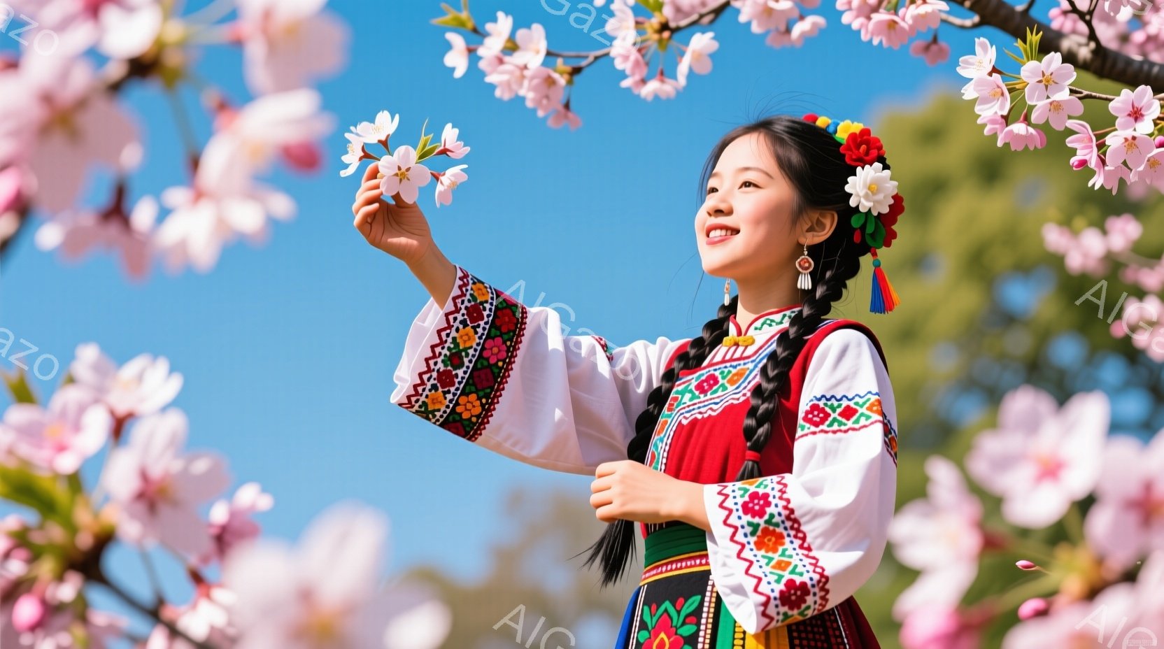 桜の木の下で民族衣装を着た若い女性が写っています。彼女は白いブラウスと赤いベストを着用し、頭には花飾りをつけています。女性は満面の笑みを浮かべ、桜の花を高く掲げ、春の暖かさと喜びを感じさせる雰囲気が漂っています。