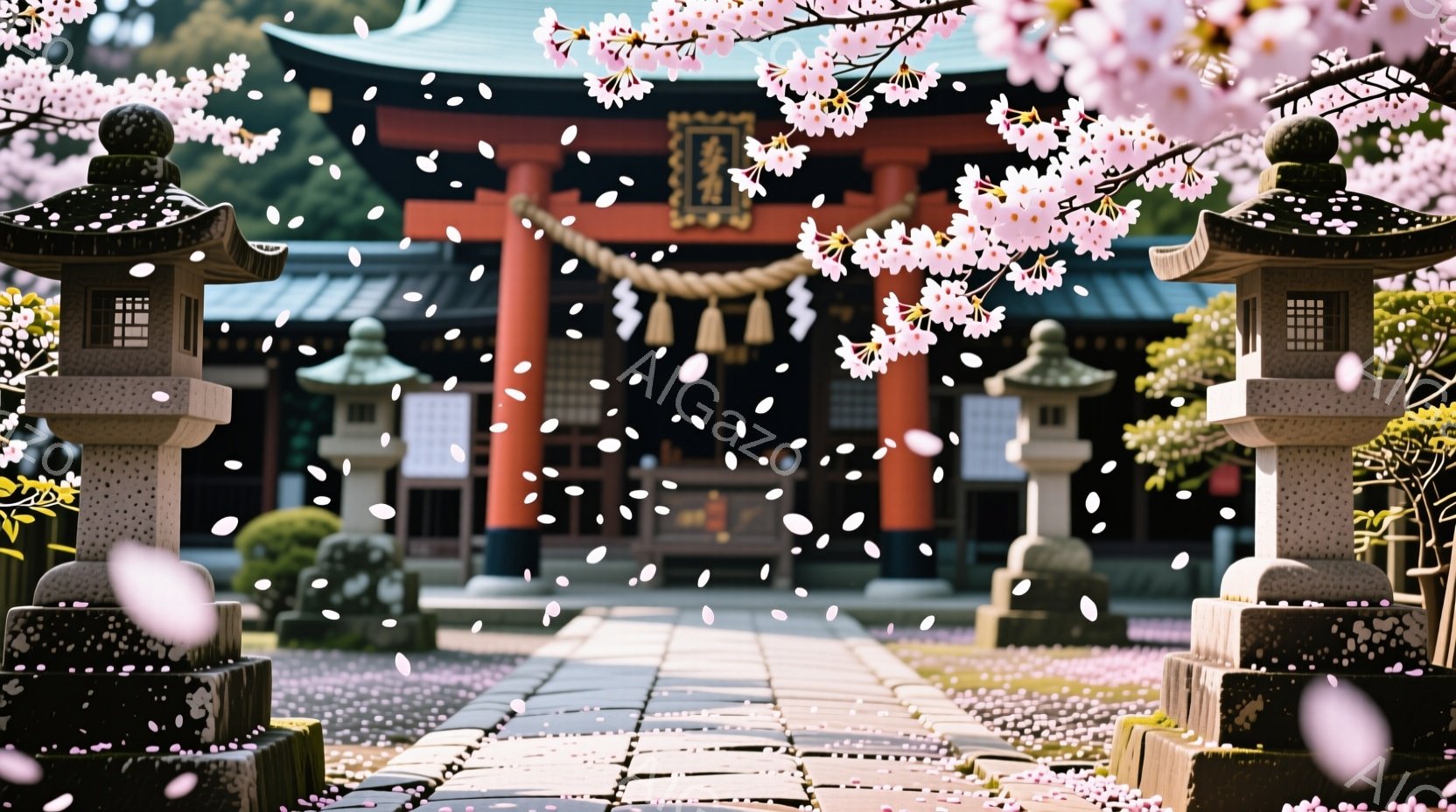 鮮やかな朱色の社殿が、桜の花びらが舞い散る境内を背景に堂々と建っている。石畳の参道には桜の花びらが敷き詰められ、両脇には石灯籠が整然と並んでいる。全体的に春の穏やかさと神聖な雰囲気が漂い、日本の伝統的な美しさを感じさせる。