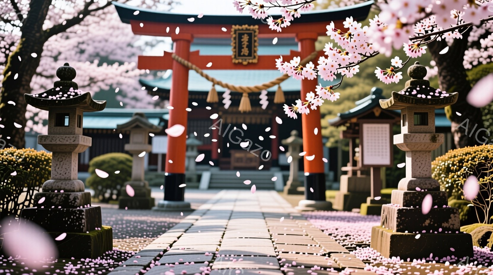 朱色の鳥居が並び、桜の花びらが舞い散る美しい風景です。石畳の道と緑の生垣が鳥居へと導き、静かで穏やかな雰囲気を醸し出しています。鳥居の奥には建物が見え、春の訪れを感じさせる暖かく優しい光が全体を包んでいます。