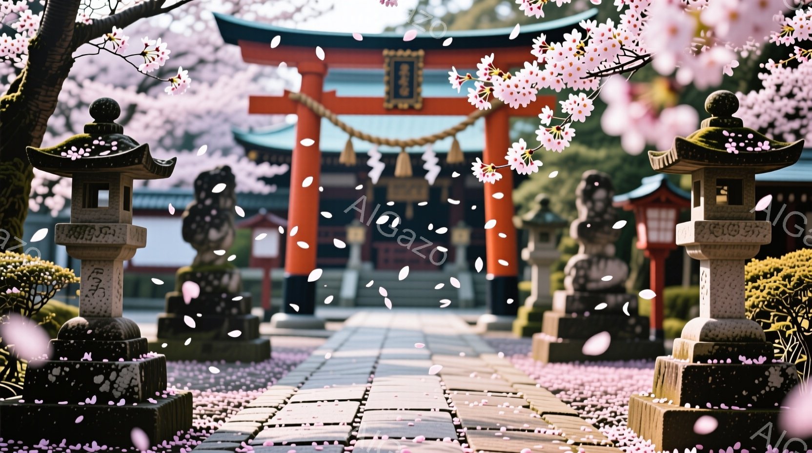 鮮やかな朱色の鳥居が、桜並木の奥にそびえ立ち、散りゆく桜の花びらが石畳の道を埋め尽くしています。左右には石灯籠が整然と並び、手入れの行き届いた緑がその厳かな雰囲気をさらに引き立てています。春の暖かな日 - AI生成フリー素材