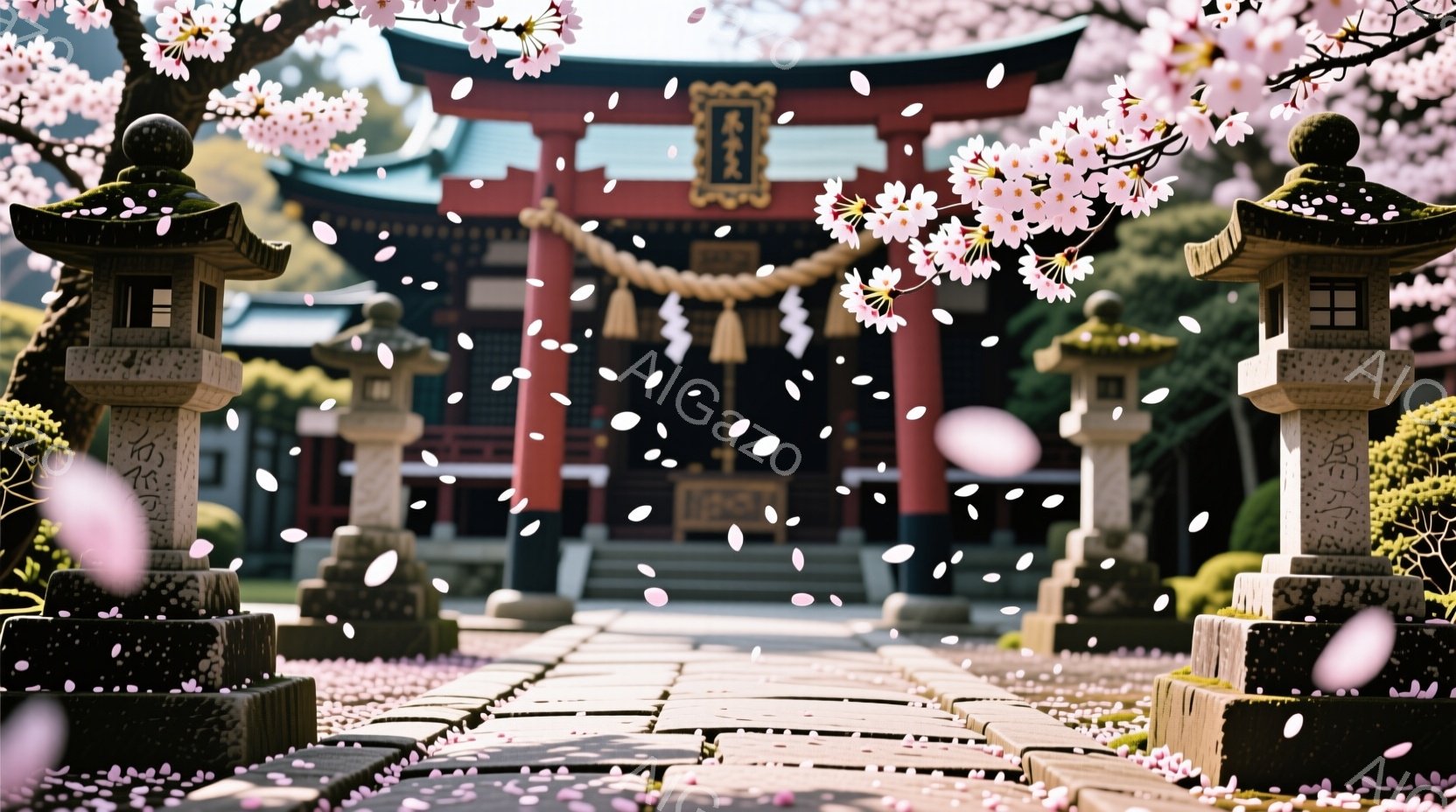 鮮やかな朱色の鳥居が中央に位置し、その両脇には苔むした石灯籠が佇んでいます。石畳の道には桜の花びらが舞い散り、春の訪れを告げており、背景には緑豊かな木々が見えます。全体的に穏やかで、桜の美しさが際立つ - AI生成フリー素材