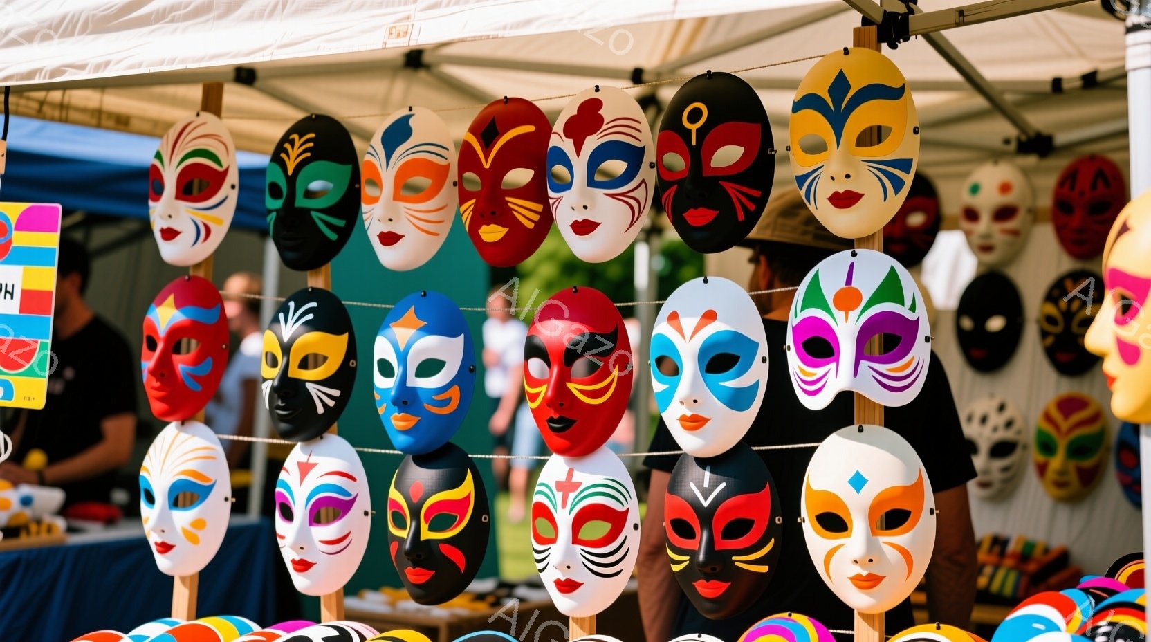色とりどりの仮面が、青いテーブルの上のワイヤーに並べられています。仮面は鮮やかなピンク、青、黒、赤などの色で、それぞれ独特の模様が描かれています。背景には、テントの布と人影が見え、おそらく屋外の市場かお祭りのような雰囲気です。