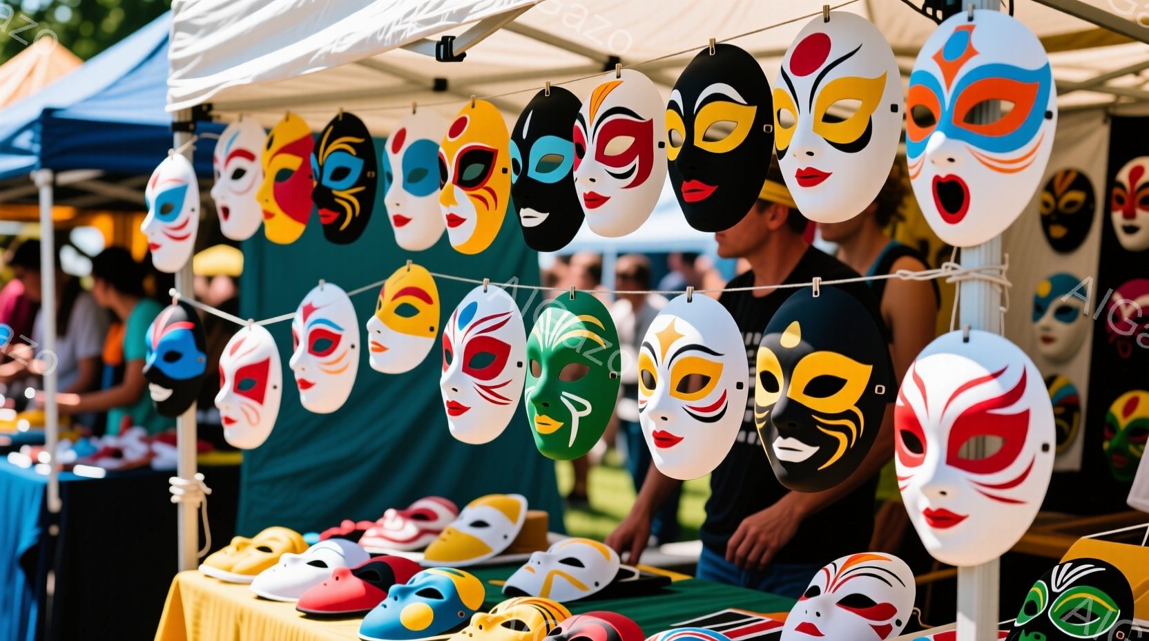 色とりどりのメキシコ風仮面が、露店の屋根の下に吊るされています。仮面は白を基調とし、鮮やかな赤、青、緑、黄色などが描かれており、それぞれ異なる模様が施されています。背景には、緑の芝生と、他の露店の一部が見え、晴れた日の賑やかな市場の様子を捉えています。