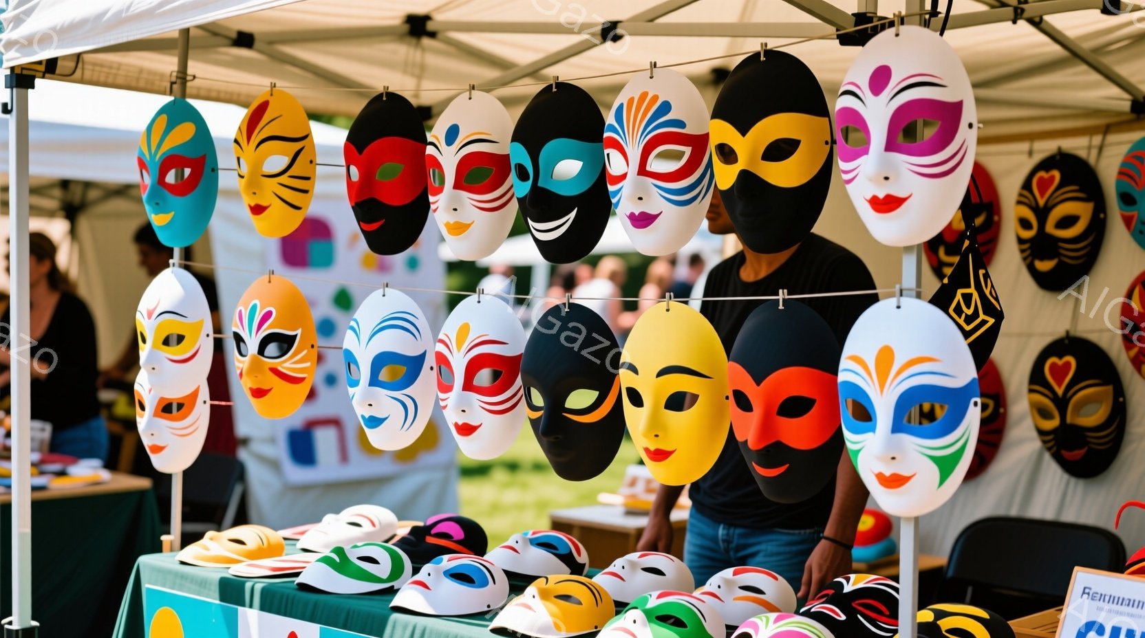 色とりどりの仮面がテントの下に整然と並べられています。黒いシャツを着た男性が仮面の背後に立っており、顔の表情ははっきりと見えませんが、姿勢はリラックスしています。背景には他の来場者や自然が見え、屋外イベントか屋台の様子を捉えた写真のようです。