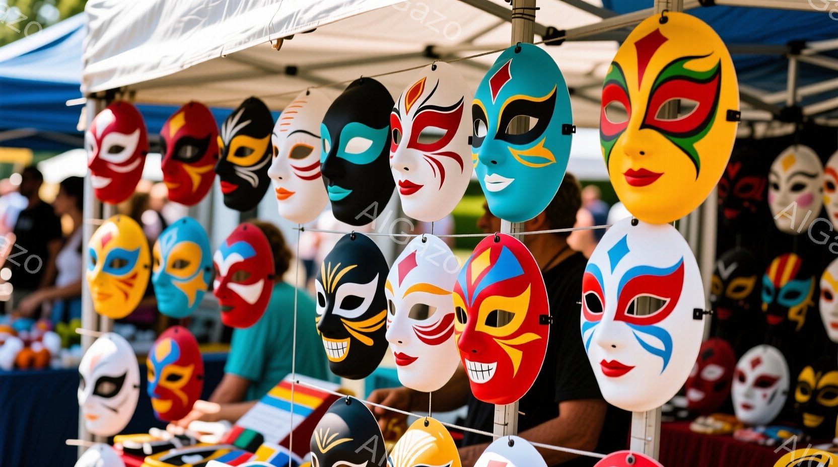 カラフルなルチャリブレマスクが整然と並べられており、鮮やかな色彩が目を引きます。背景には青空と緑の芝生、そして屋台の一部が見え、屋外イベントの活気ある雰囲気を醸し出しています。マスクの背景には一部の人影が見え、おそらく市場やフェスティバルの一場面でしょう。