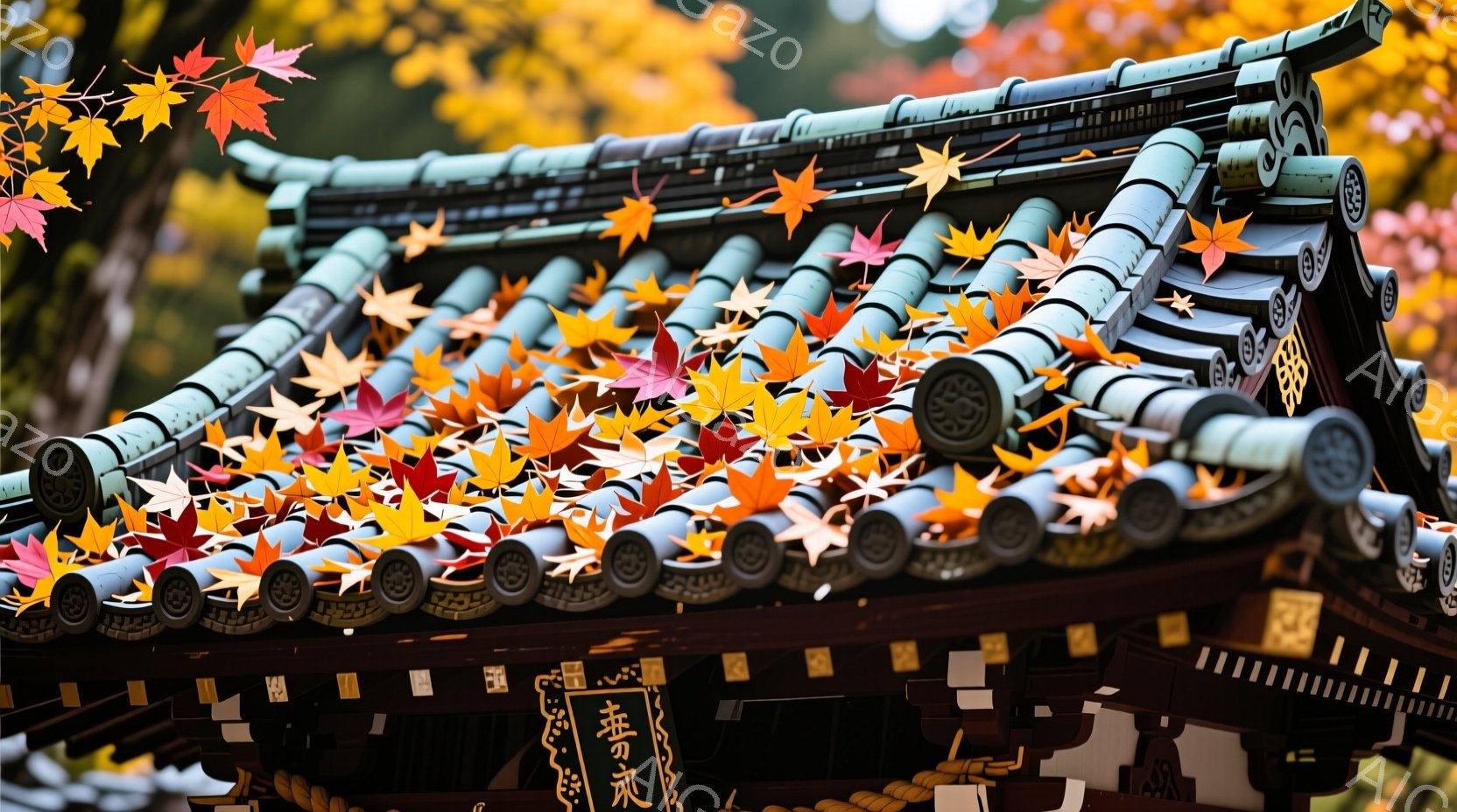 鮮やかな紅葉が寺院の屋根を覆い尽くしており、秋の深まりを感じさせます。瓦屋根は深緑色で、その上に散りばめられた紅葉は赤、オレンジ、黄色のグラデーションを描き、美しいコントラストを生み出しています。背景 - AI生成フリー素材