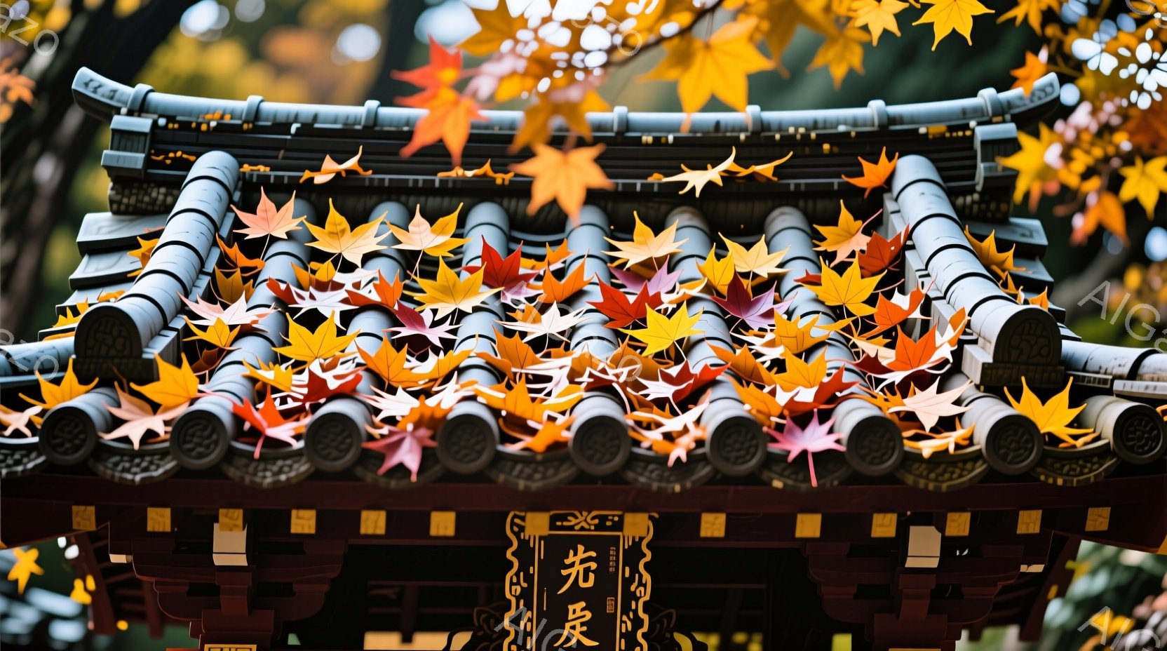 寺院の屋根に、鮮やかな紅葉が降り積もっている様子が描かれています。屋根瓦は規則的に並べられ、その上に散りばめられた赤やオレンジ色の葉が秋の深まりを感じさせます。背景には緑豊かな木々が見え、穏やかで静寂な秋の日の雰囲気が漂っています。