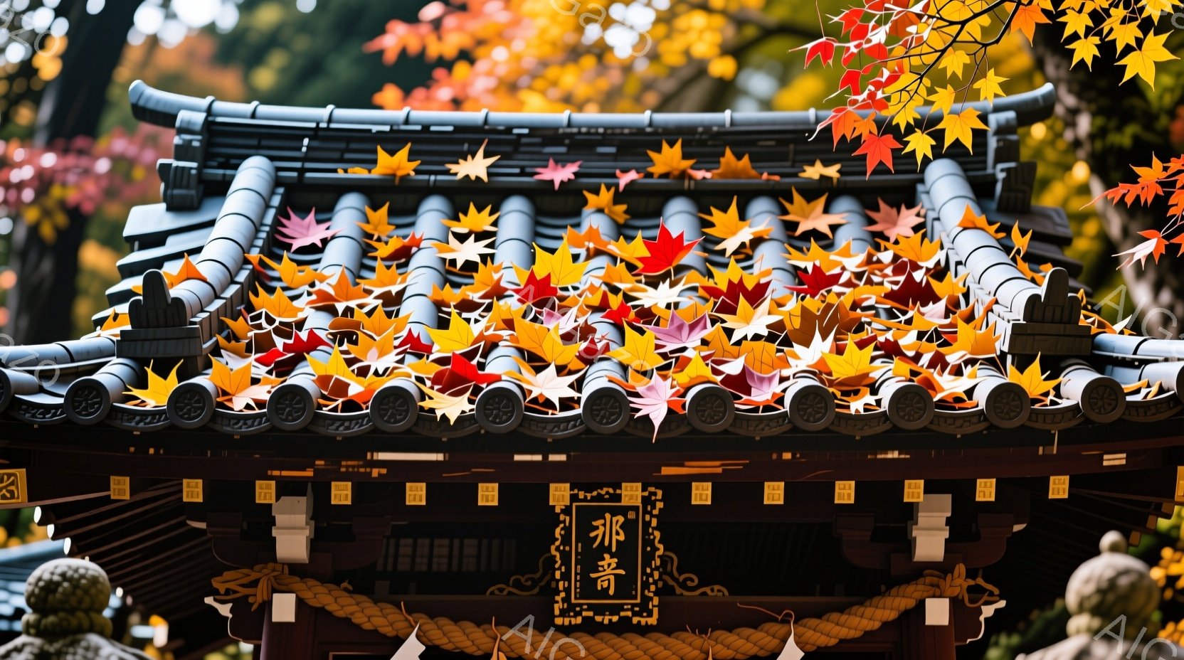 鮮やかな紅葉が寺院の屋根を覆い尽くし、秋の深まりを感じさせる美しい光景である。屋根瓦の間から覗く装飾や提灯、そして屋根に刻まれた文字が、歴史ある寺院の風格を際立たせている。背景には緑豊かな木々が見え、秋晴れの空の下、穏やかで静謐な雰囲気が漂っている。