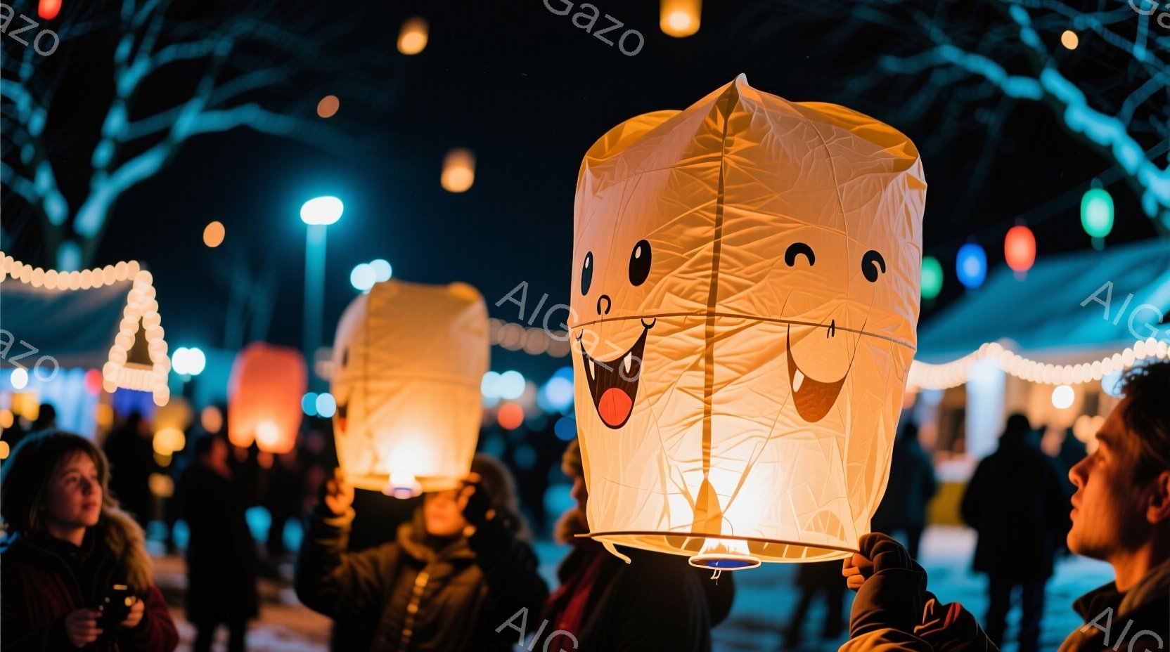 夜空に浮かぶ提灯が印象的な写真です。手前に大きく写っている提灯は、顔が描かれており、可愛らしい表情をしています。背景にはぼんやりと人影が見え、街灯やイルミネーションが灯り、幻想的な雰囲気を醸し出してい - AI生成フリー素材