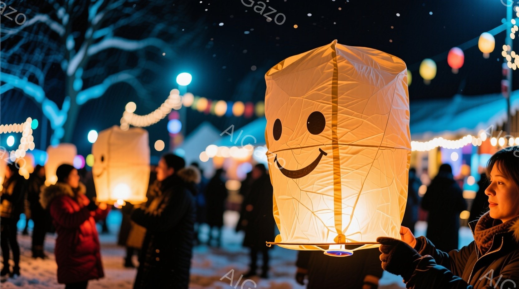 少女が笑顔の浮かんだ提灯を手に持っている夜の風景で、提灯は暖かく光り、彼女の顔を照らしている。背景には、他の人々が提灯を持ち、光り輝くイルミネーションが飾られた賑やかな夜のイベント会場が広がり、雪が舞 - AI生成フリー素材