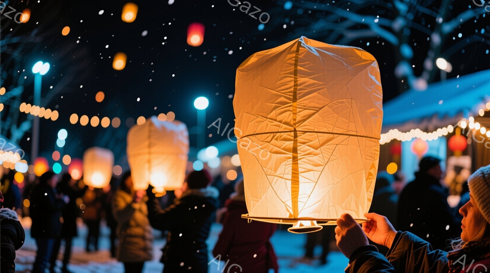 夜空に舞い上がる提灯が印象的な光景です。人々は冬の装いをしており、ぼんやりと輪郭が見える程度で、表情ははっきりしませんが、提灯を見上げている様子が想像できます。背景にはぼやけた建物や木々が見え、雪が舞っているようで、幻想的な雰囲気を醸し出しています。
