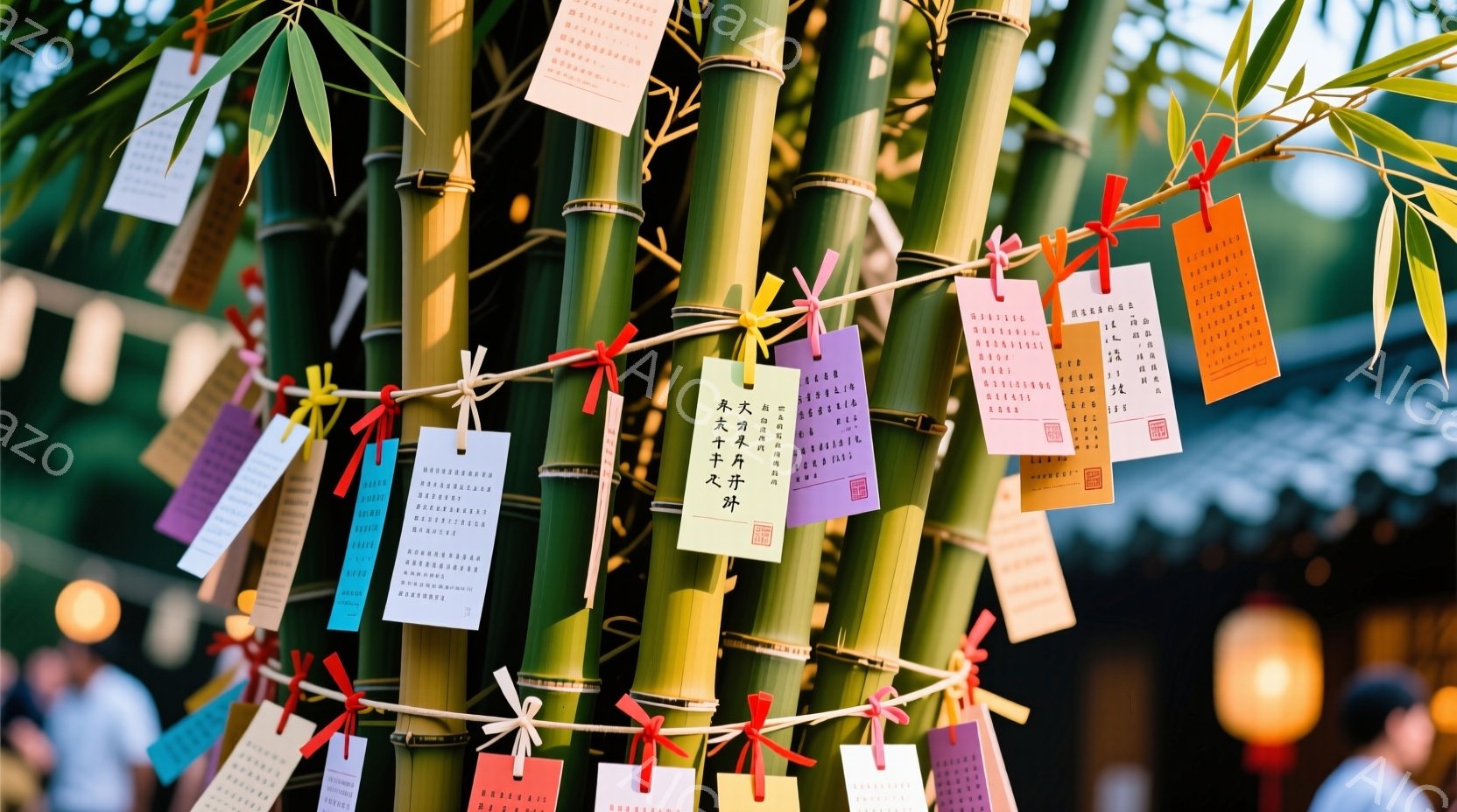 鮮やかな色の絵馬が、竹林の中に吊るされています。背景にはぼんやりと建物や他の参拝者の姿が見え、柔らかな光が差し込んでいます。全体的に穏やかで神秘的な雰囲気が漂い、どこか神聖な場所であることが伺えます。
