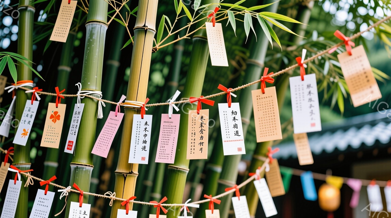 鮮やかな緑色の竹林の中に、多数の絵馬が赤い糸で繋がれて吊るされています。各絵馬には黒色の文字で願い事が書かれており、その背景にはぼんやりとした建物と木々が見えます。全体的に穏やかで静謐な、神聖な雰囲気が漂っています。
