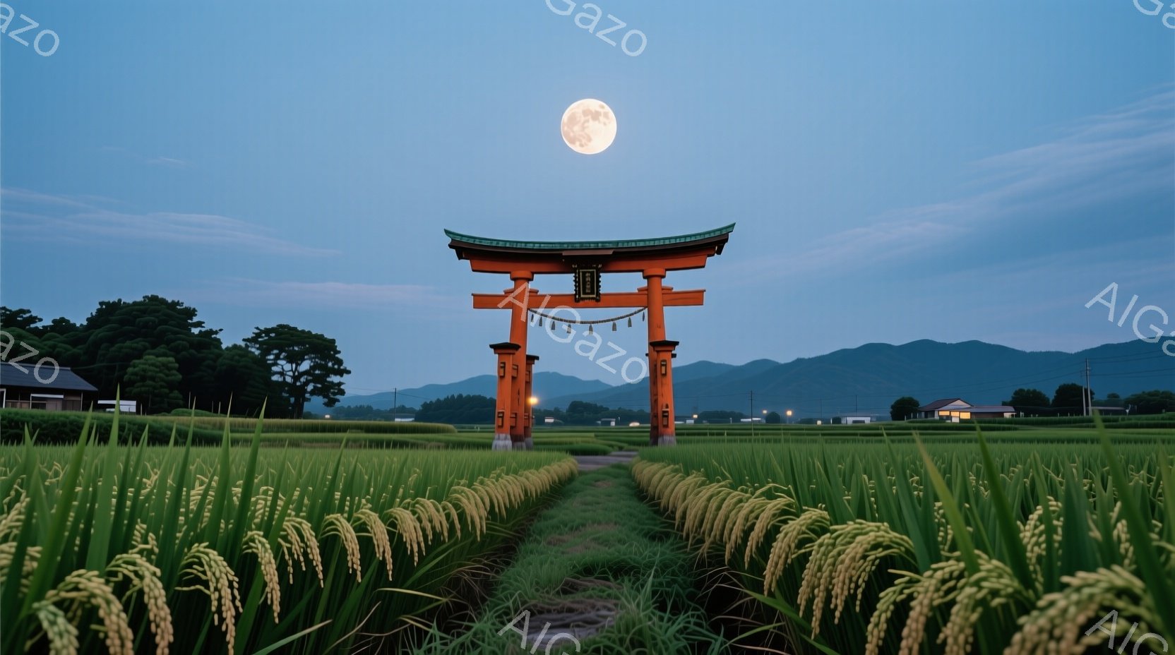 広大な稲田の中に朱色の鳥居が聳え立ち、その背後には緑豊かな山々が連なっている。満月が空高く輝き、稲穂が黄金色に光る田園風景は、静寂と神秘的な雰囲気を醸し出している。夜空と自然のコントラストが美しく、日 - AI生成フリー素材