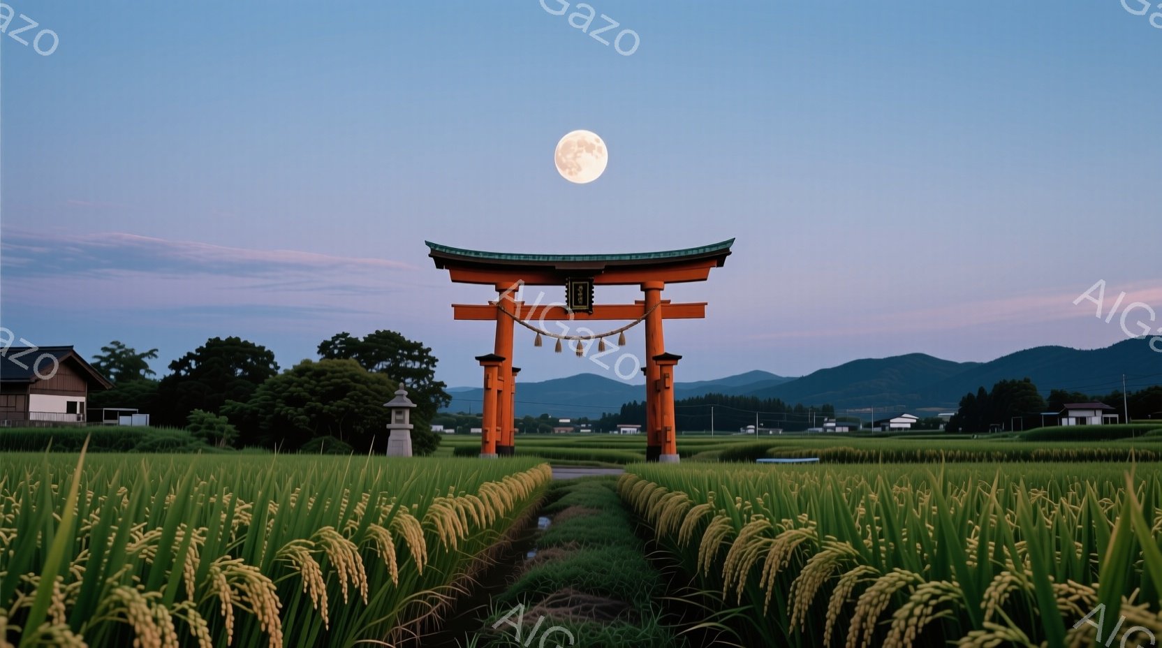 鮮やかな緑色の稲穂が広がる田園風景の中に、朱色の鳥居が堂々と立っている。背景にはうっすらと山々が見え、空は夕暮れ時を思わせる淡いオレンジ色と青色のグラデーションが広がっている。鳥居の奥には小さな建物が - AI生成フリー素材