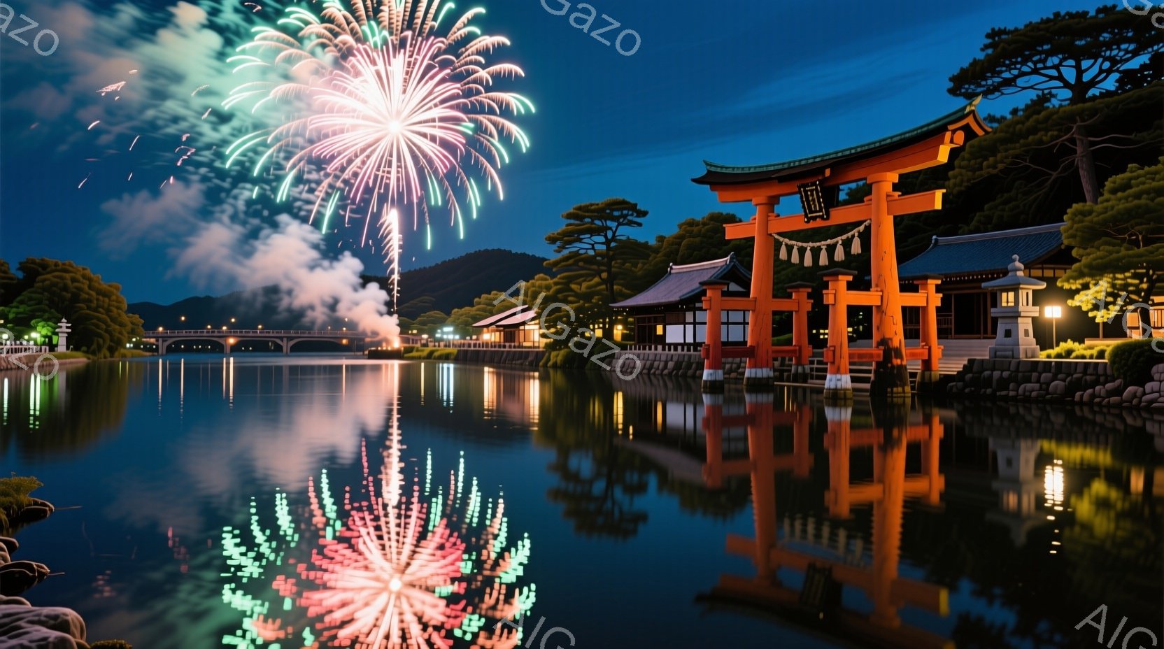 夜空には鮮やかな花火が咲き乱れ、水面にその光が反射して幻想的な光景を作り出しています。朱色の鳥居と古い建物が水辺に佇み、周囲の緑豊かな木々がその風景を囲み、静かで神秘的な雰囲気を醸し出しています。夜の闇と鮮やかな光、そして歴史的な建造物が調和し、日本の伝統的な美しさを表現しています。