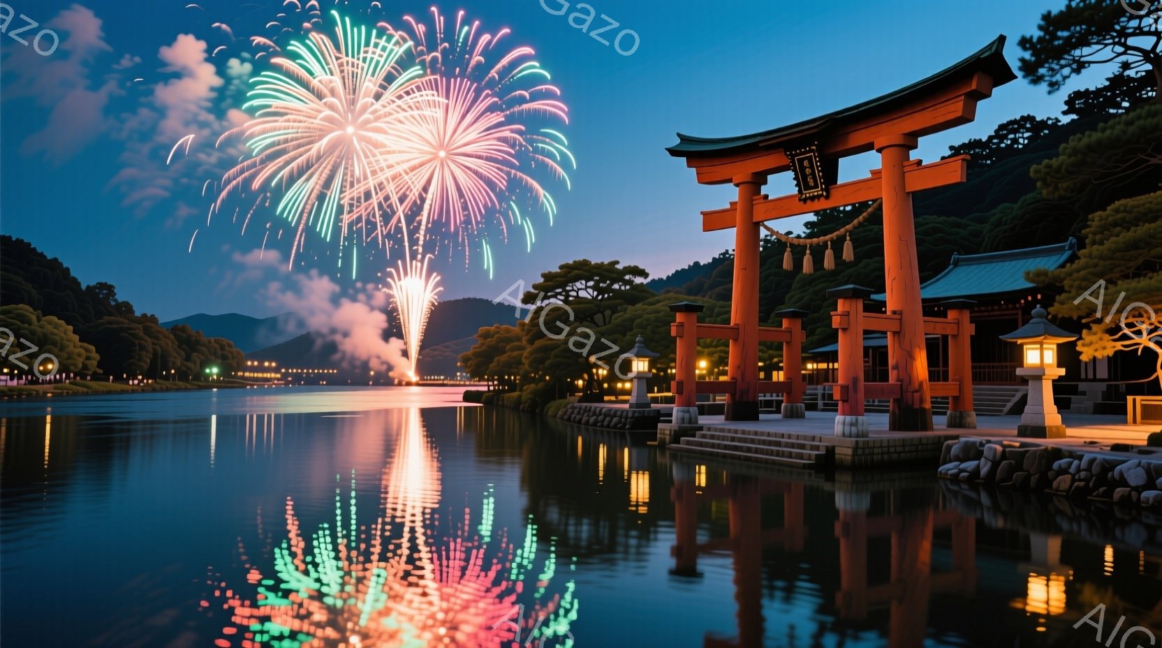 鮮やかな花火が湖面に映り込み、朱色の鳥居がその光を浴びています。湖の周りは緑豊かな木々に囲まれ、穏やかな夜の空気を感じさせます。静かで美しい光景は、日本の伝統的な祭りの雰囲気を醸し出しています。
