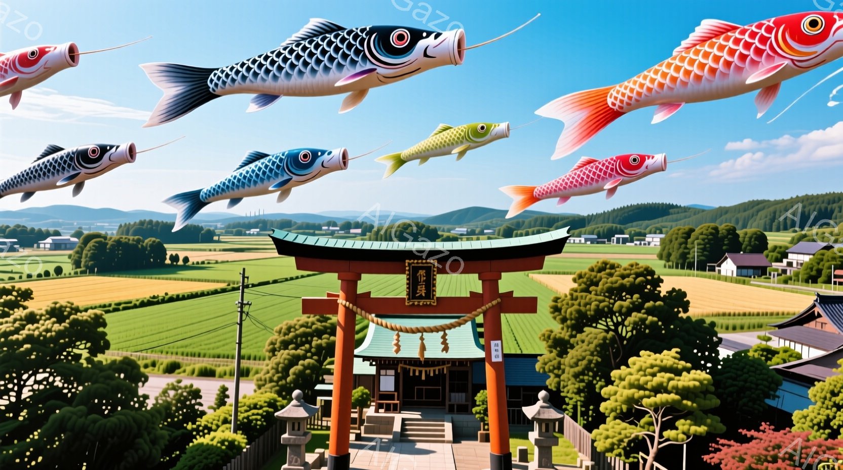 広大な緑の田園風景の中に、朱色の鳥居が立っています。空には色とりどりの鯉のぼりが舞い上がり、子供の成長と成功を願う温かい雰囲気を醸し出しています。背景には穏やかな丘陵と点在する建物が見られ、晴天の下、 - AI生成フリー素材