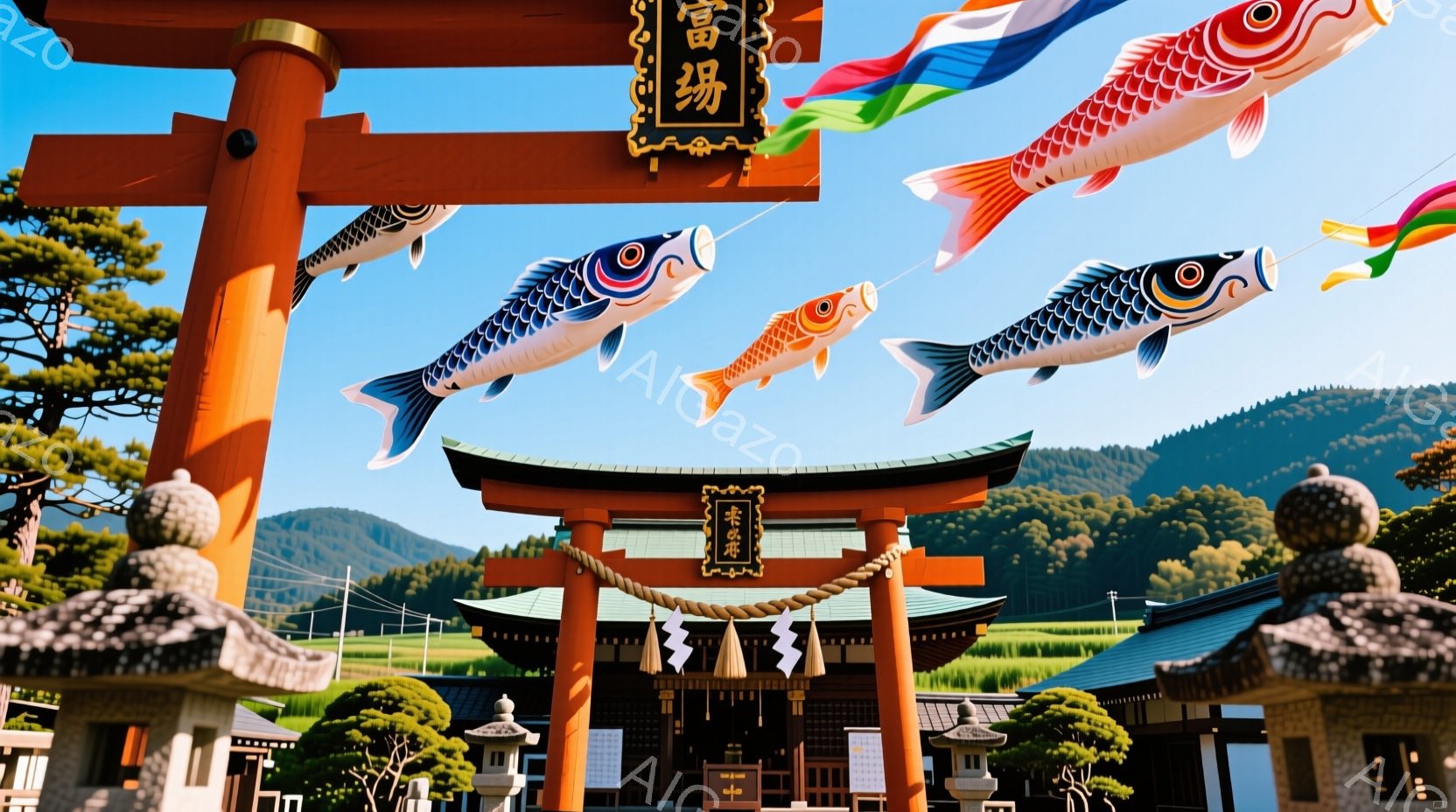 赤い鳥居が中央に大きくそびえ立ち、その上に「金太郎」と書かれた旗が飾られています。鳥居の背景には、伝統的な屋根を持つ建物と緑豊かな山々が広がり、空には鯉の形をした凧が舞っています。全体的に、晴天の下、日本の伝統的なお祭りや風景を象徴する、明るく穏やかな雰囲気の画像です。