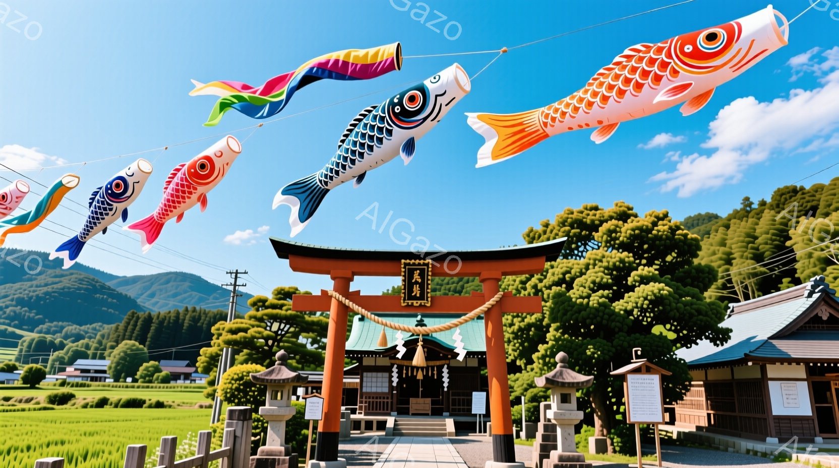 空には、色とりどりの鯉のぼりが整然と並んで空を泳いでいます。朱色の鳥居と伝統的な建築様式の神社が、緑豊かな山々と田んぼに囲まれており、静かで穏やかな雰囲気を醸し出しています。青空と鮮やかな鯉のぼりのコ - AI生成フリー素材