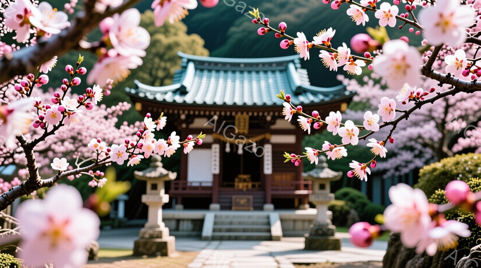 鮮やかなピンク色の梅の花が咲き乱れ、中央には赤茶色の屋根を持つ寺院が見える。石段と石灯籠が寺院へと導き、背景には緑豊かな木々が広がり、穏やかで静寂な雰囲気を醸し出している。梅の花がフレームを彩り、春の - AI生成フリー素材