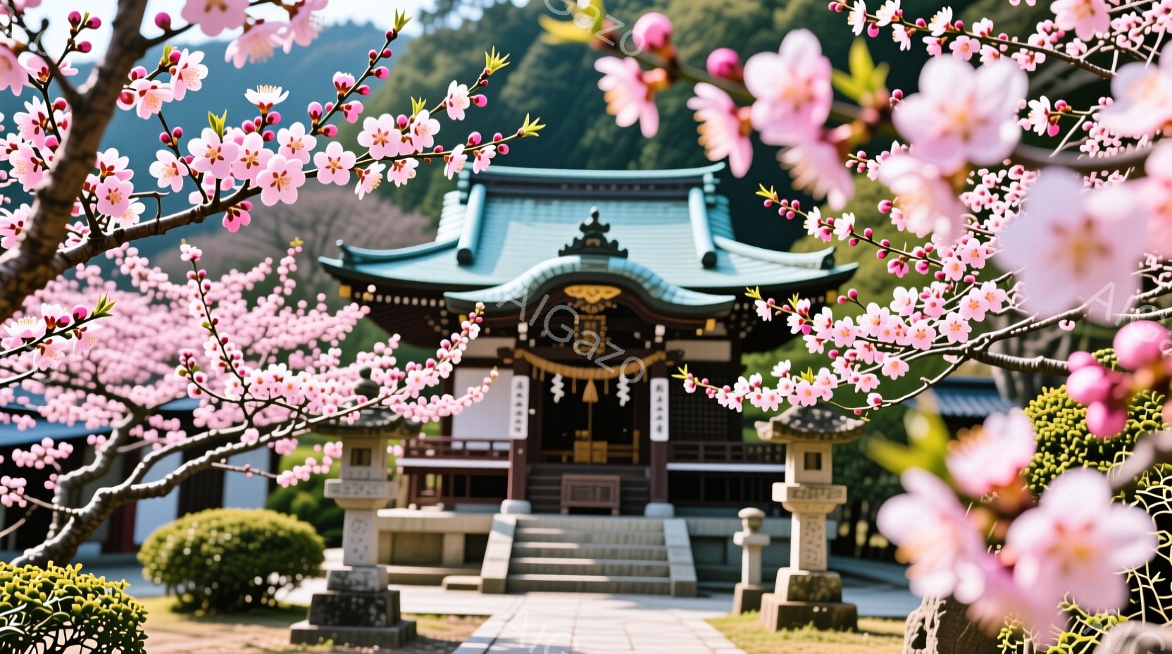 鮮やかなピンク色の桜の花びらが画面全体を覆い、中央には伝統的な日本の寺院が佇んでいます。寺院は深い緑色の屋根を持ち、木造の精巧な彫刻が施されており、石段を挟んで左右には石灯籠が配置されています。背景に - AI生成フリー素材