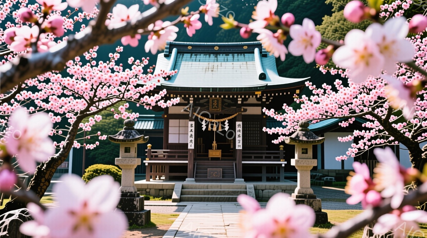 桜の花びらが満開の木々が、歴史的な寺院を華やかに彩っています。寺院は灰色と茶色の落ち着いた色調で、左右に石灯籠が配置され、荘厳な雰囲気を醸し出しています。背景には緑豊かな山々が広がり、穏やかな春の日の - AI生成フリー素材