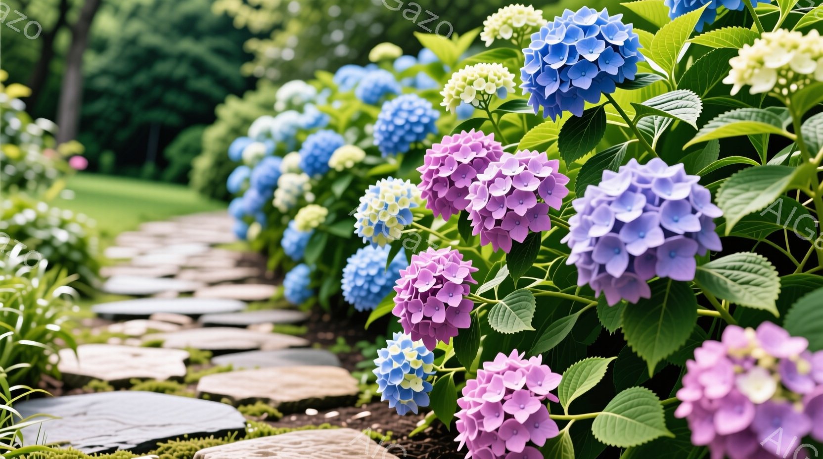 庭園には、色とりどりのアジサイが咲き乱れ、ピンク、紫、青の色合いが美しく並んでいます。石畳の小道がアジサイの列に沿って伸びており、緑豊かな葉と背景の木々が穏やかな雰囲気を醸し出しています。全体的に、夏 - AI生成フリー素材
