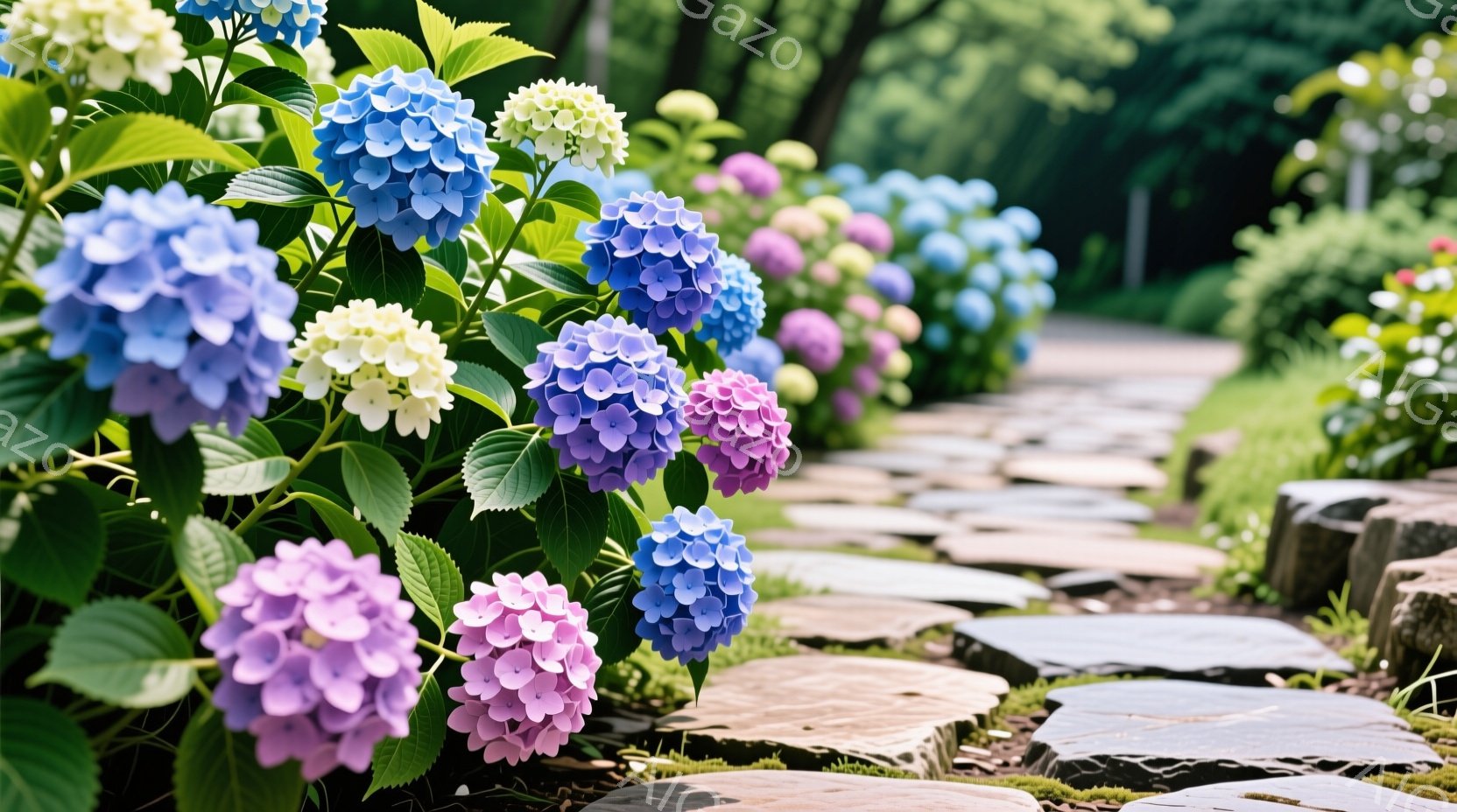 鮮やかな紫、青、ピンク、白の紫陽花が咲き乱れ、石畳の道に沿って咲き誇っている。背景には緑豊かな木々が茂り、柔らかい光が差し込み、穏やかな夏の日の雰囲気を醸し出している。紫陽花の花びらは繊細で、葉は深緑色で、全体的に涼しげで美しい風景を作り出している。