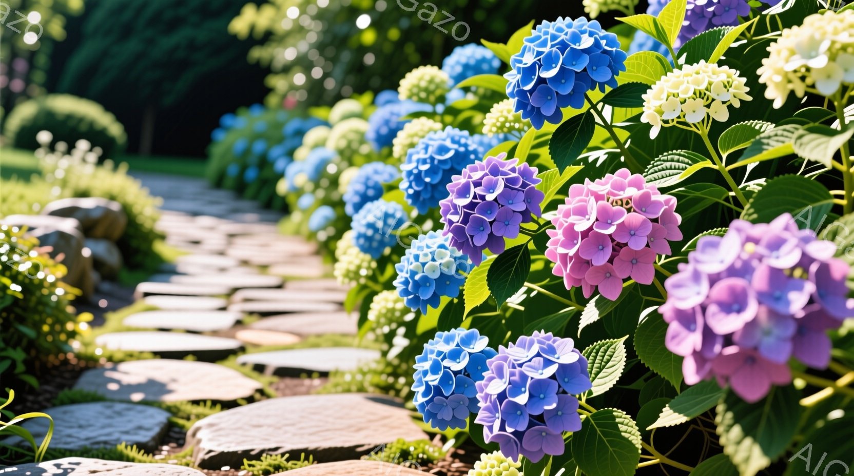石畳の小道に沿って、様々な色の紫陽花が咲き誇っています。青、紫、ピンクの色調が混ざり合い、夏の庭に鮮やかな彩りを添えています。背景には緑豊かな植物が広がり、穏やかで美しい雰囲気を醸し出しています。