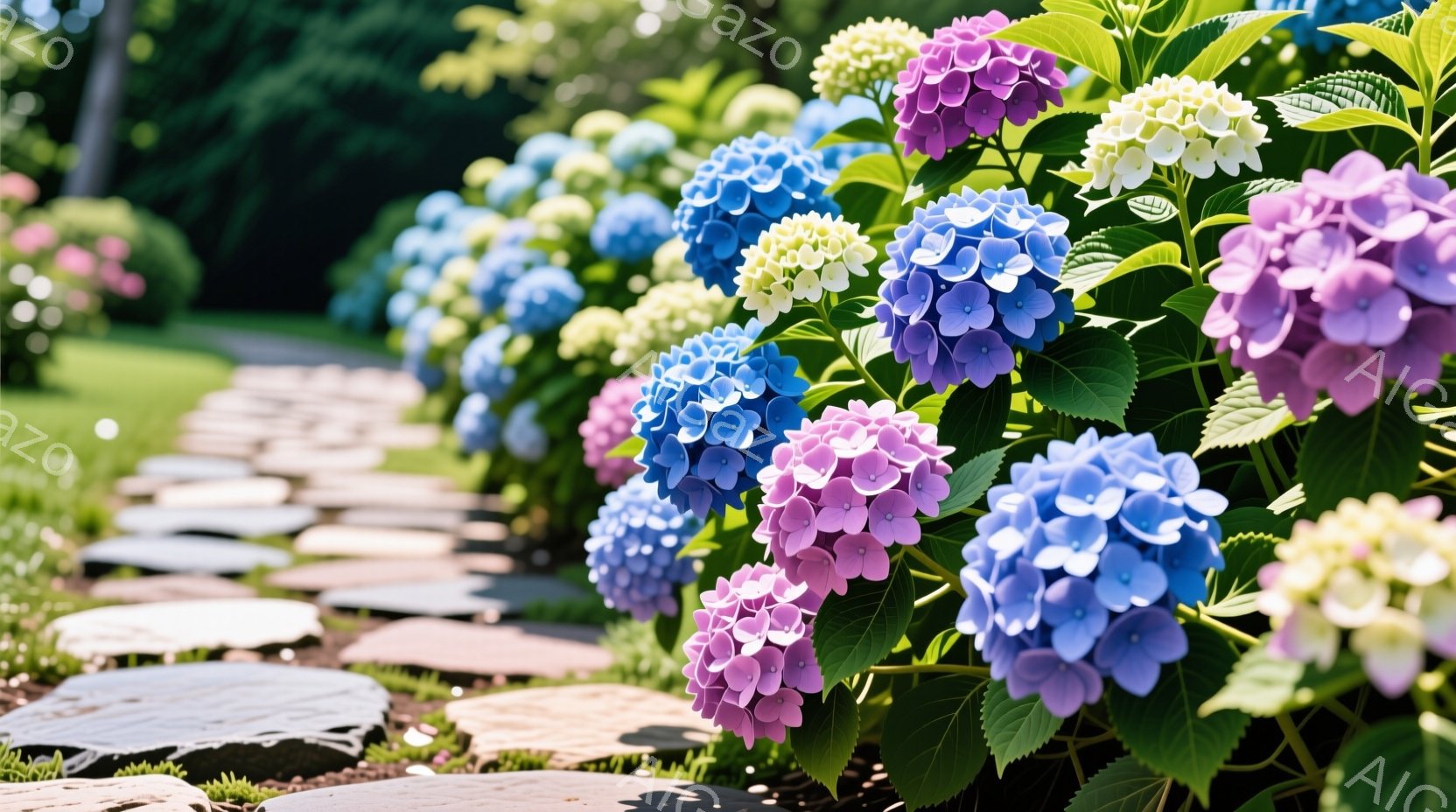 石畳の道沿いに、様々な色の紫陽花が咲き乱れている様子が描かれています。青、紫、ピンク、白といった色彩が混ざり合い、鮮やかなコントラストを生み出しています。背景には緑豊かな草木が見え、穏やかで優しい雰囲気が漂っています。