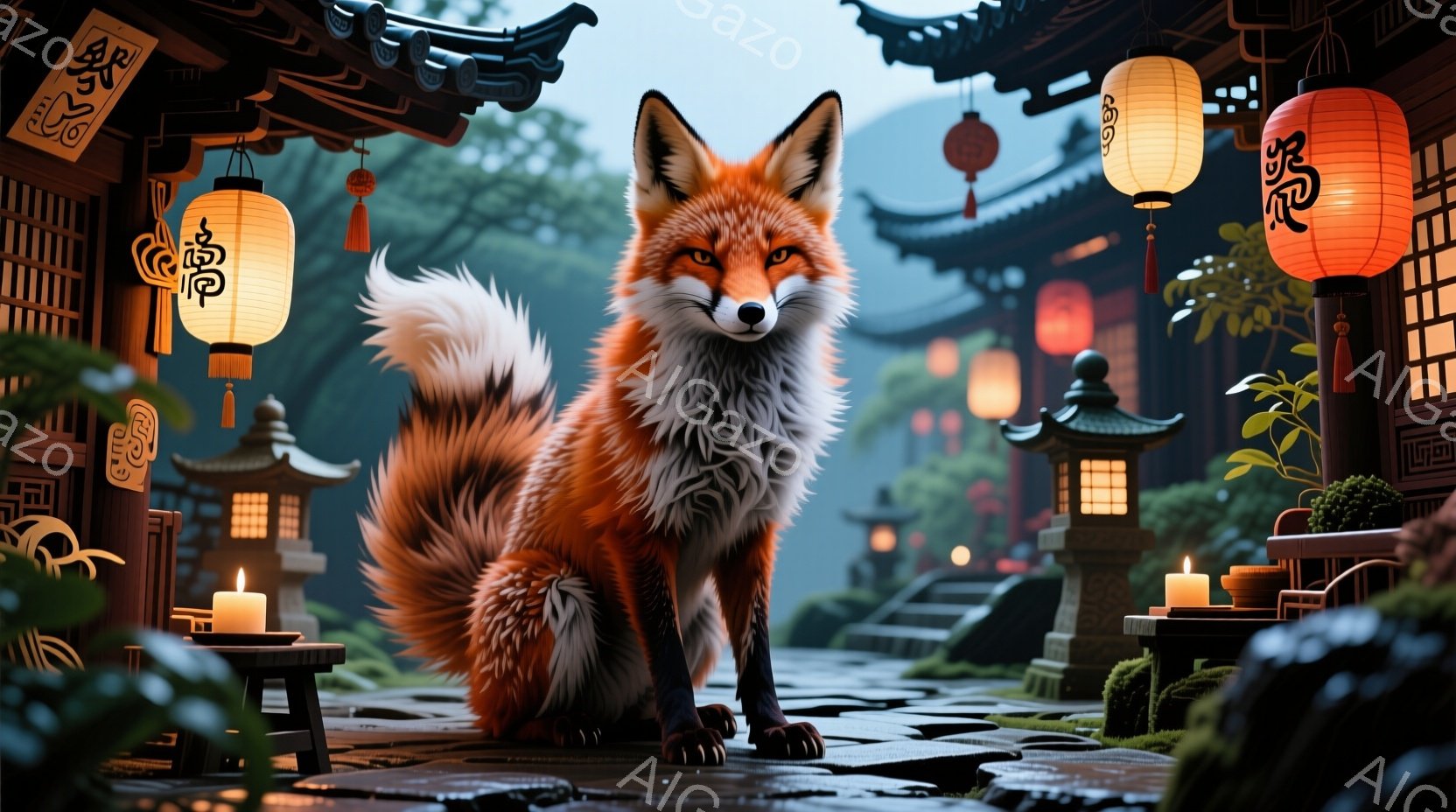 鮮やかなオレンジ色の毛並みを持つ狐が、石畳の庭に座っています。背景には、提灯や行灯が灯る伝統的な日本建築が立ち並び、霧が立ち込める幻想的な雰囲気を醸し出しています。庭には緑豊かな植物が配置され、静寂と - AI生成フリー素材