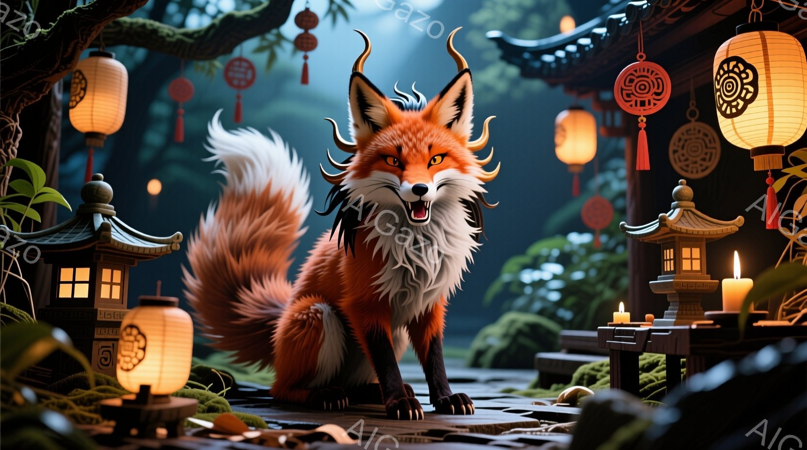 明るい橙色の毛並みを持つ狐が、苔むした石畳の上に堂々と立っている。頭には複雑な角が生え、鋭い眼差しとわずかに開いた口が、どこか神秘的な雰囲気を醸し出している。背景には、提灯や日本の伝統的な建築物が並び、幻想的で静謐な夜の風景が広がっている。